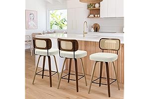 Rattan Counter Height Stools 3-Piece Upholstered Faux Leather Barstool Set with Rattan Back