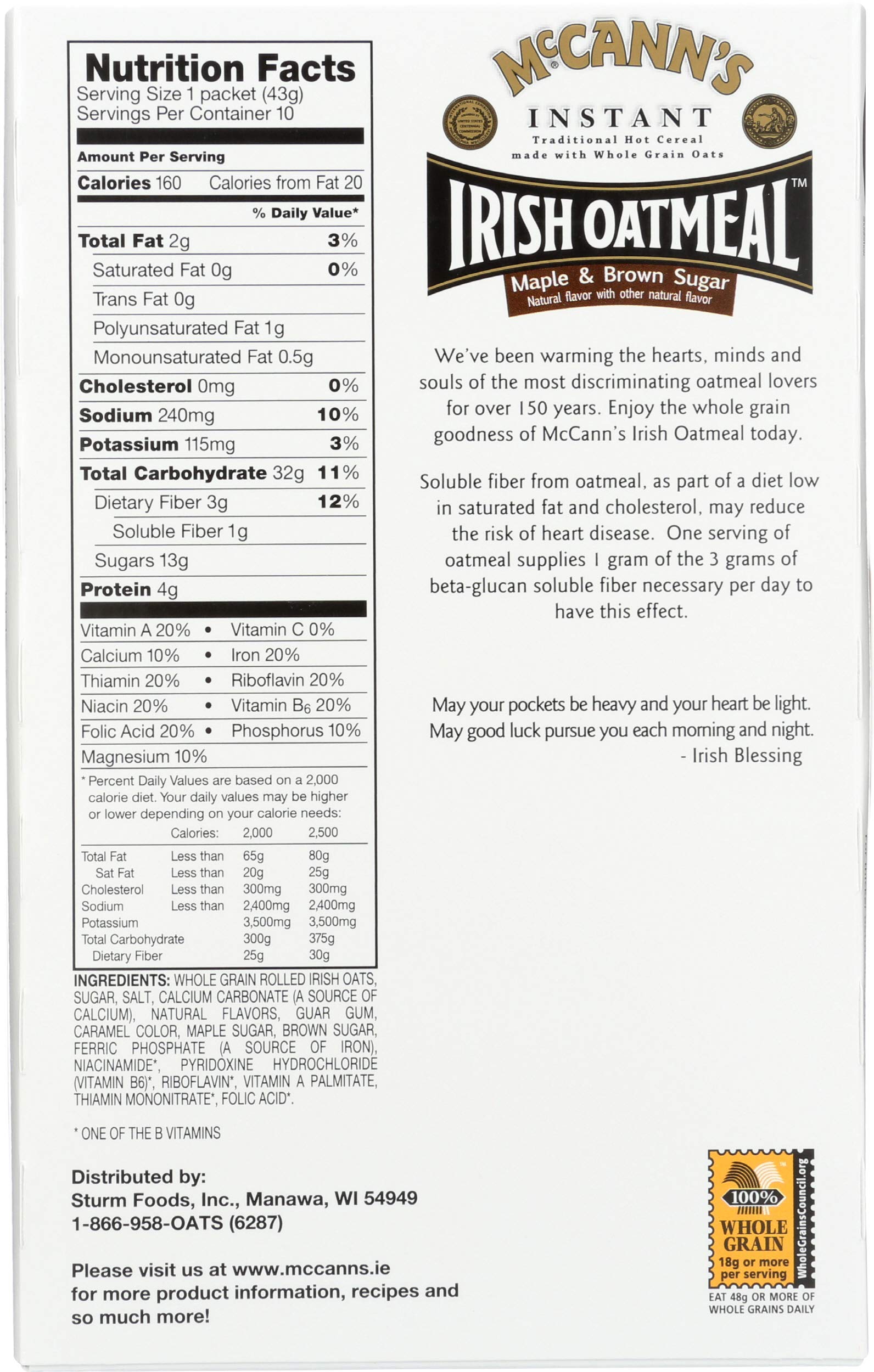 McCann's Instant Oatmeal, Maple & Brown Sugar, 10 Count Quaker, Instant