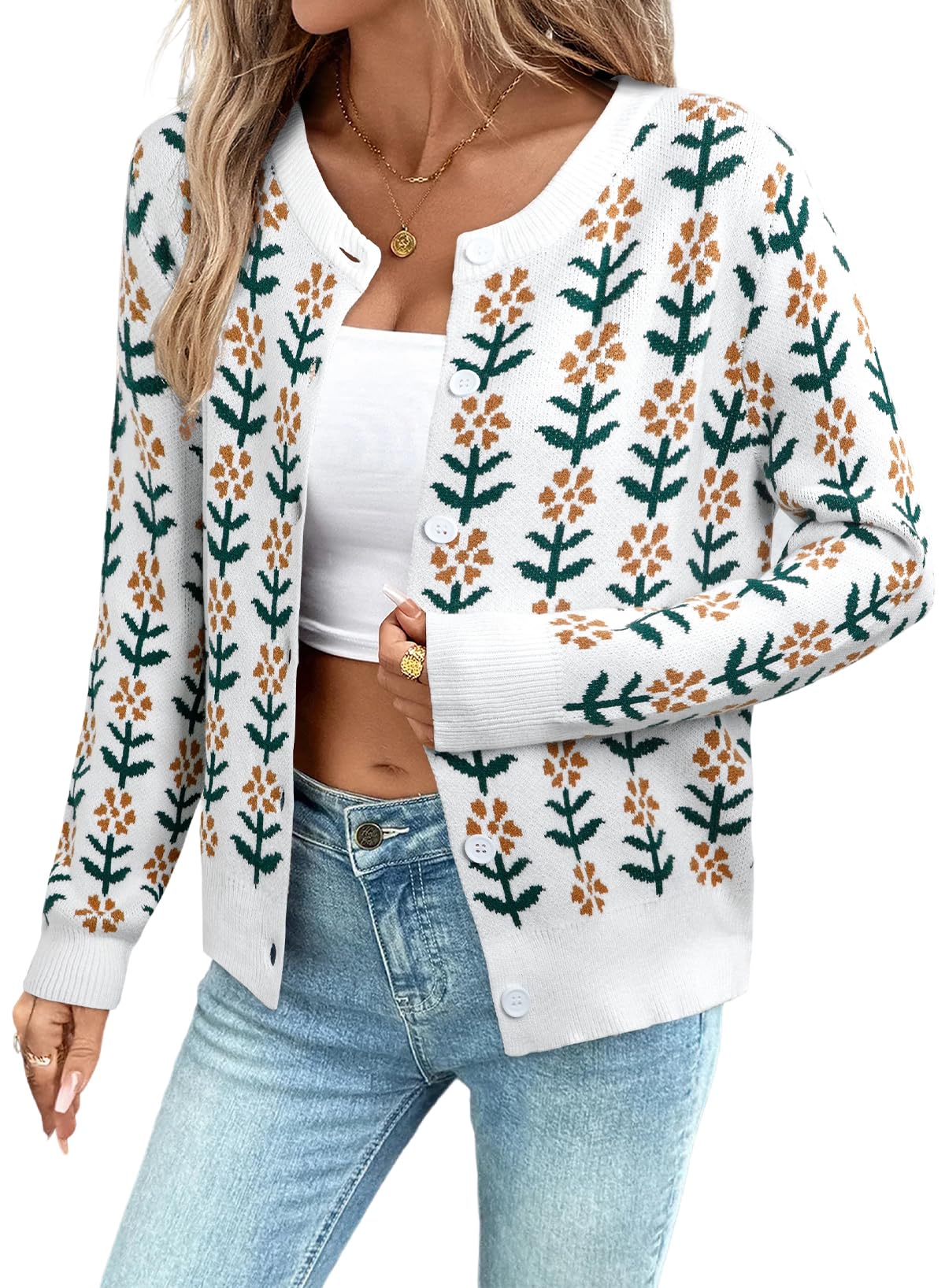 sidefeel Women's Button Down Cardigan Sweater Long Sleeve Cute Floral Printed Cropped Sweater Coats-picture-38