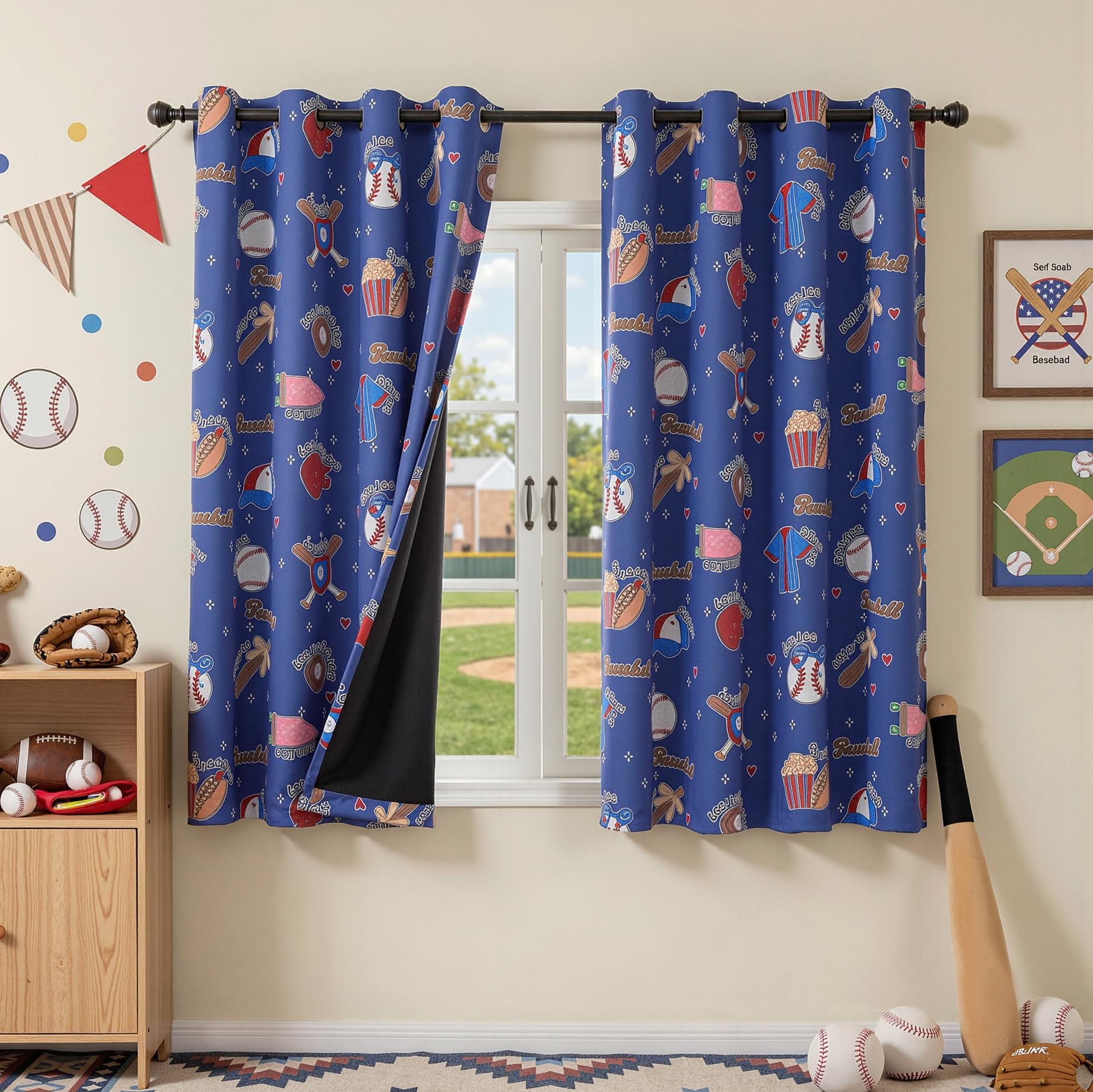 MYSKY HOME Blackout Curtains 63 Inch Length with Baseball Element 2 Panels