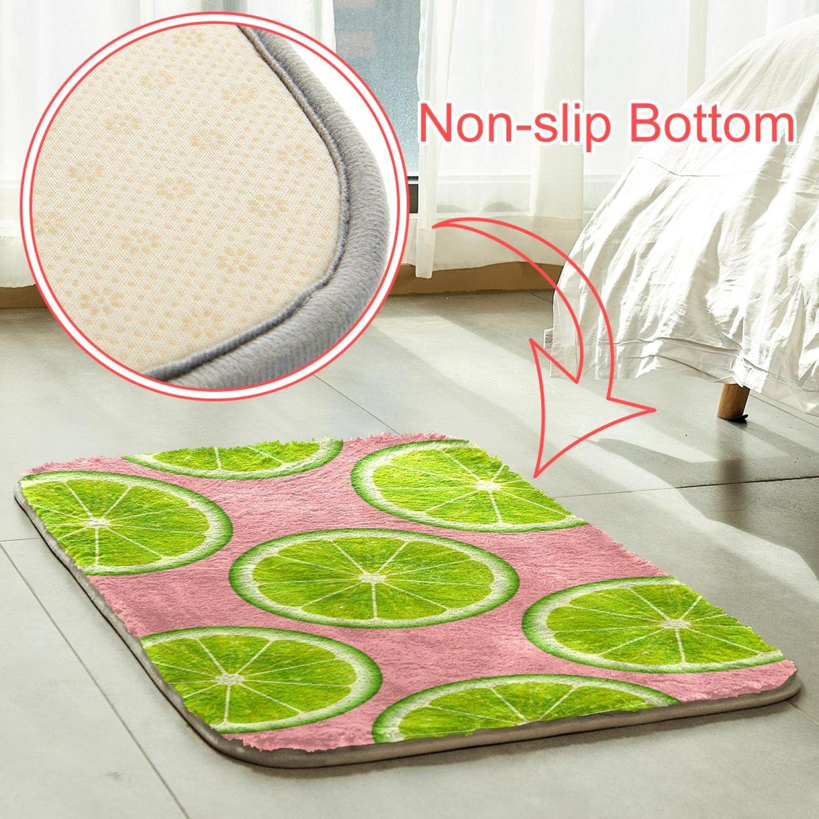 Grün Frisch Limette Muster Rosa Hintergrund Kunstfell Teppich für Wohnzimmer, Flauschiger Waschbarer Teppich für Schlafzimmer, Rechteck