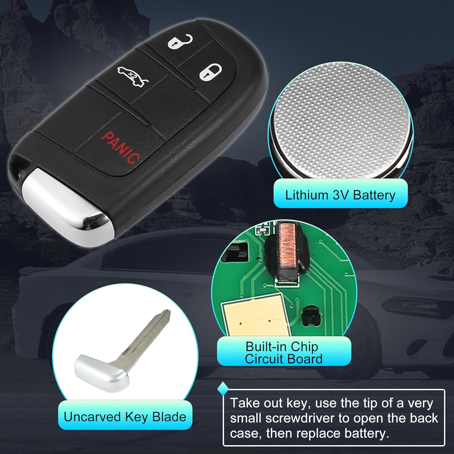 X AUTOHAUX 433MHz 4A Chip M3M-40821302 Replacement Keyless Entry Remote Car Key Fob for Dodge Charger Challenger 2019-2022 for Chrysler 200 300 4 Buttons with Door Key