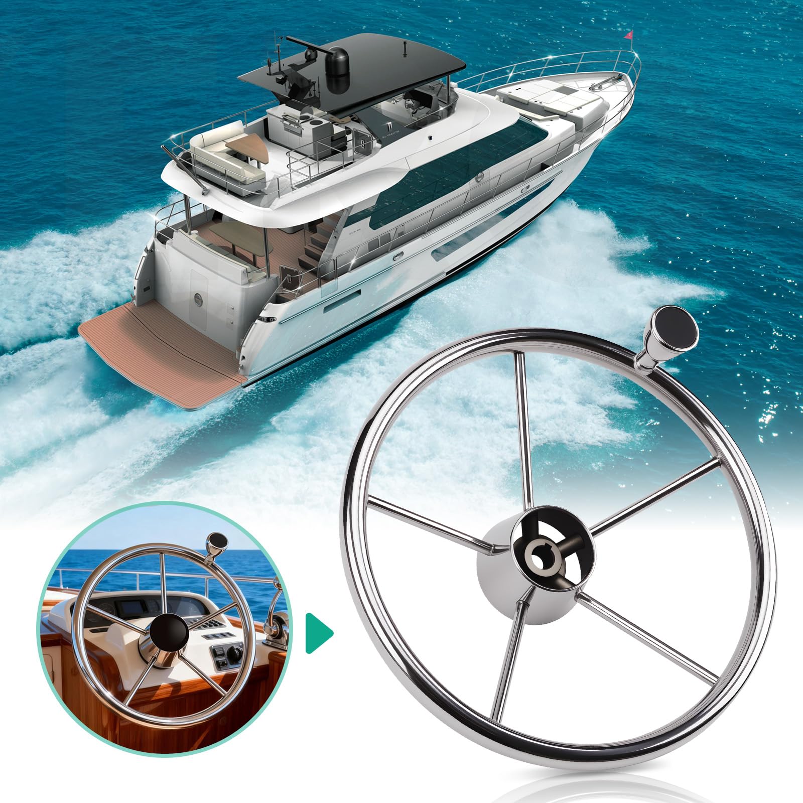KAOLALI Volante da barca, volante da Yacht in Acciaio Inox a 5 Raggi da 13,5 pollici con Pulsante, Universale Accessori da Barca per Pilotaggio Pontone Barca Yacht