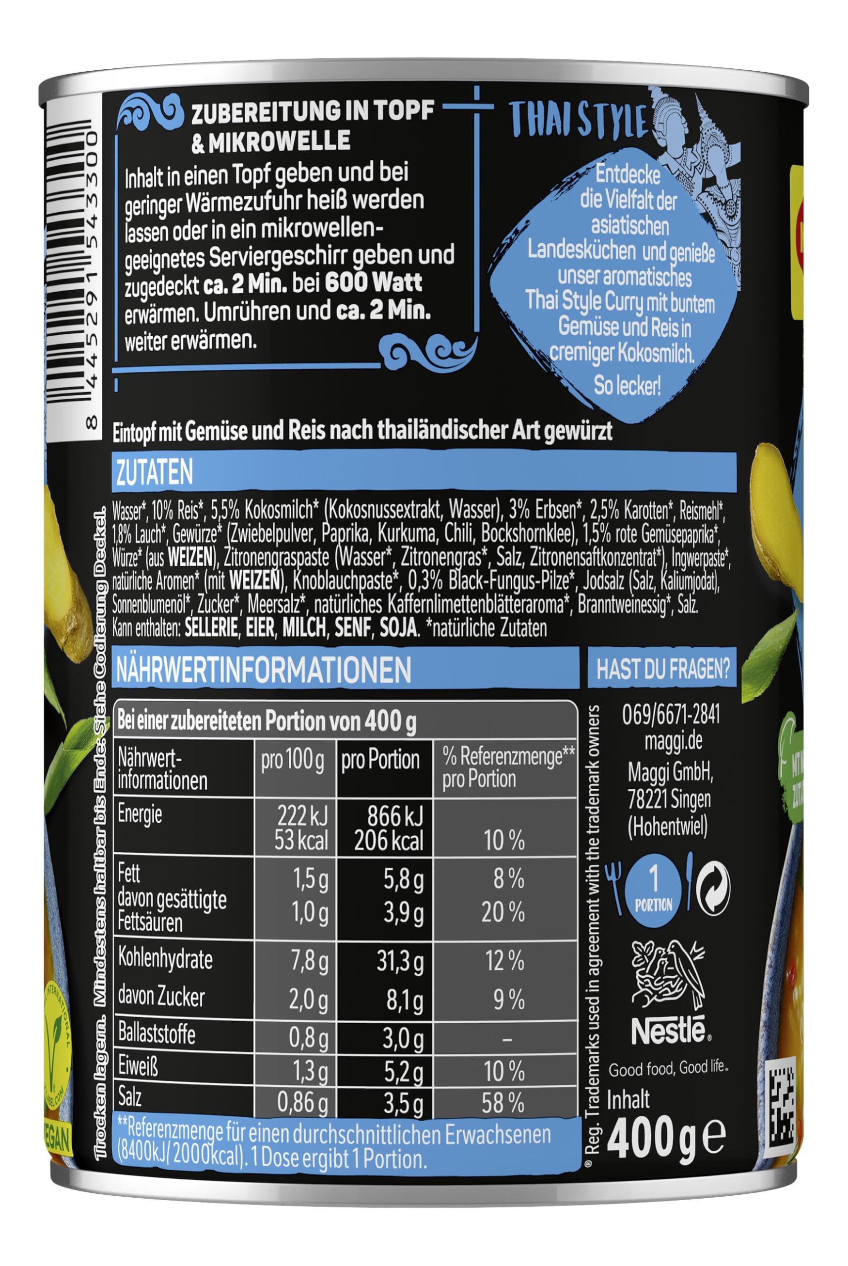 MAGGI Magic Asia Thai Style Curry, leckeres veganes Fertiggericht mit Reis & Gemüse, 10er Pack (10 x 400g)