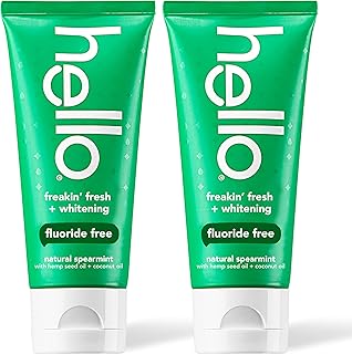 Hello Freakin Fresh Whitening Toothpaste, Fluoride Free Hemp Toothpaste with Farm Grown Mint and Coconut Oil, Vegan, No Peroxide, No Fluoride, No Dyes, Gluten Free, BPA Free, 2 Pack, 4 OZ Tubes