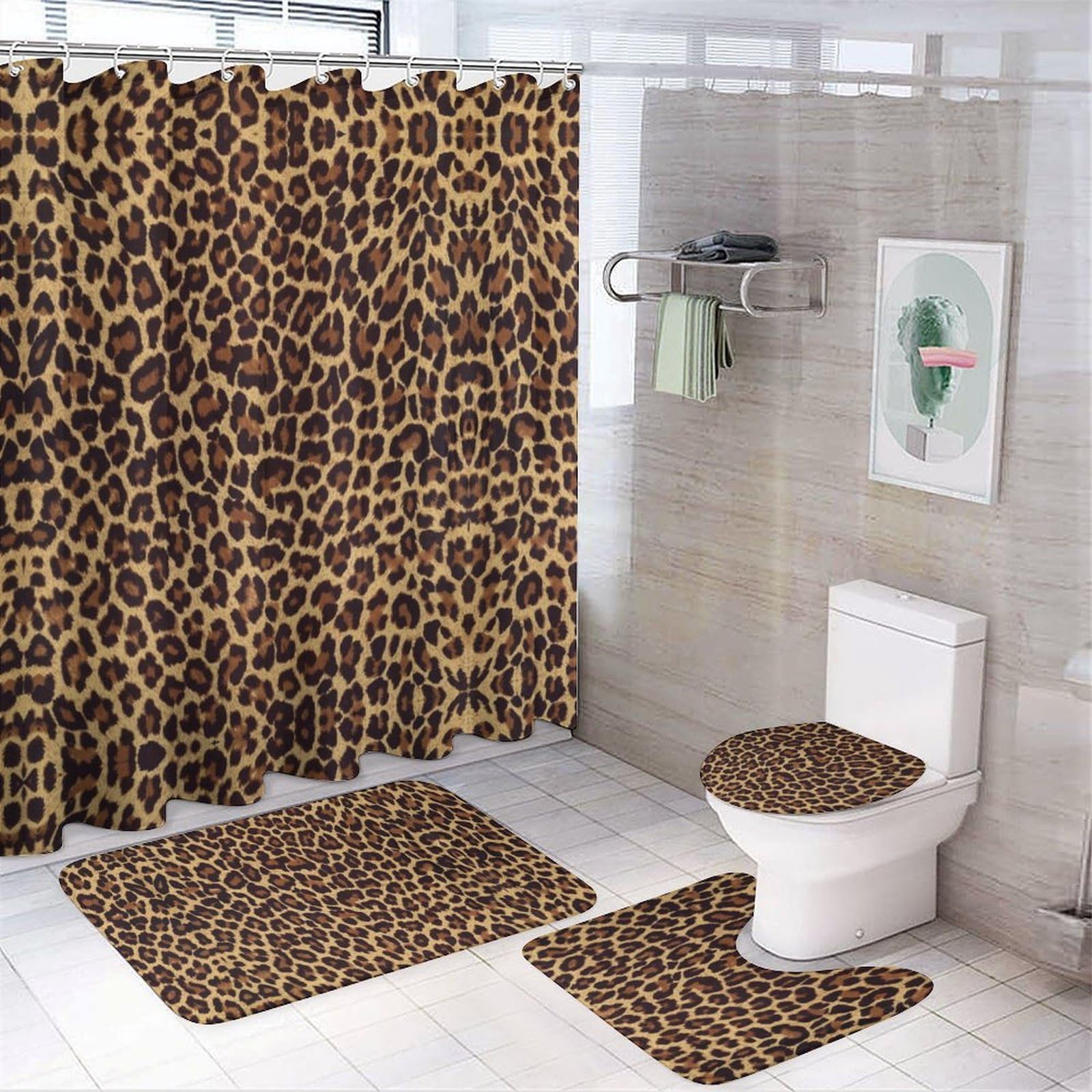 JiuPopular Bathroom Mat Set 4 Piece, Cheetah Pattern Shower Curtain with Non-Slip Bath Mats for Bathroom