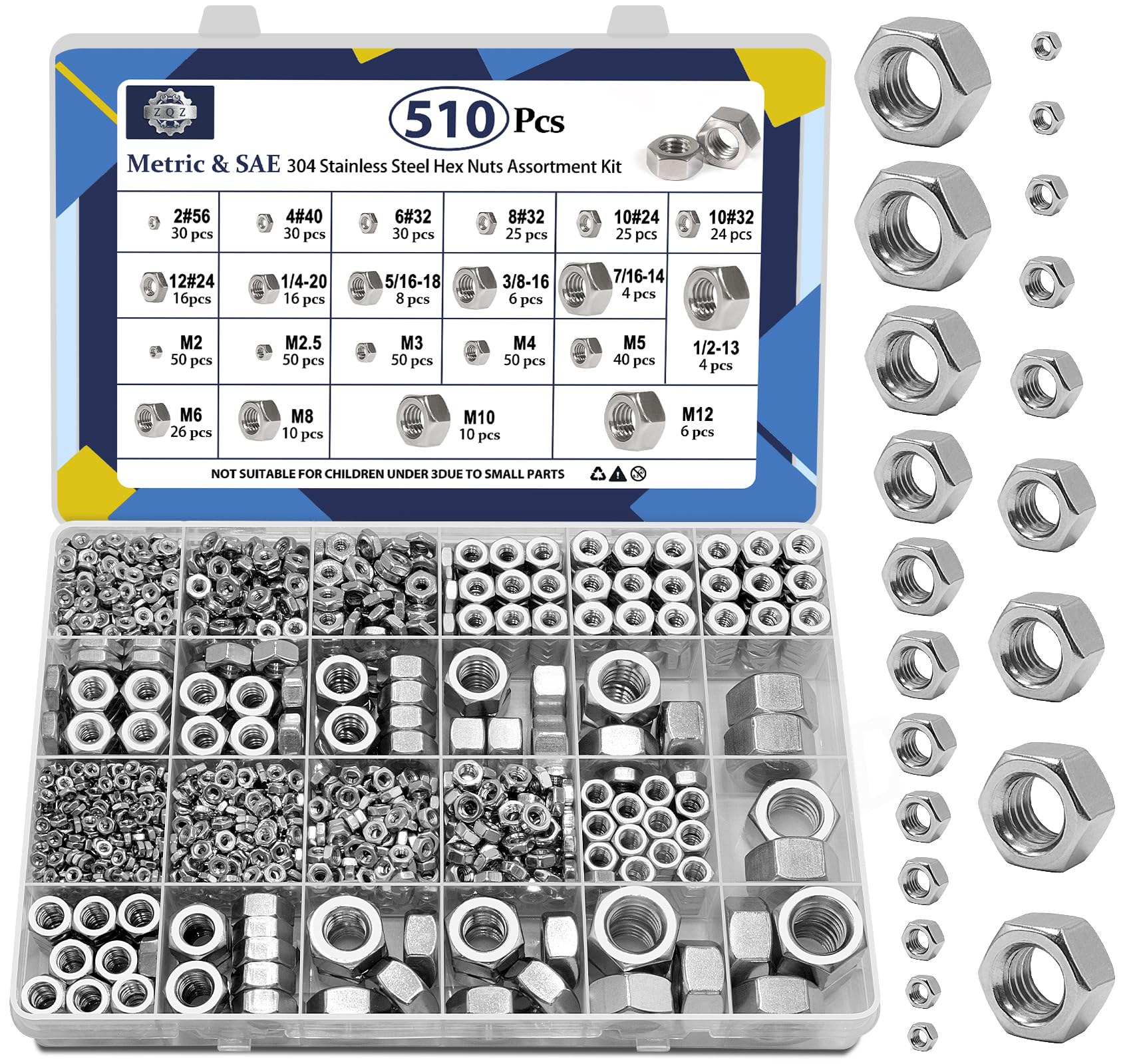 ZQZ 510 Pcs SAE & Metric Hex Nut Assortment Kit;304 Stainless Steel Nut Set