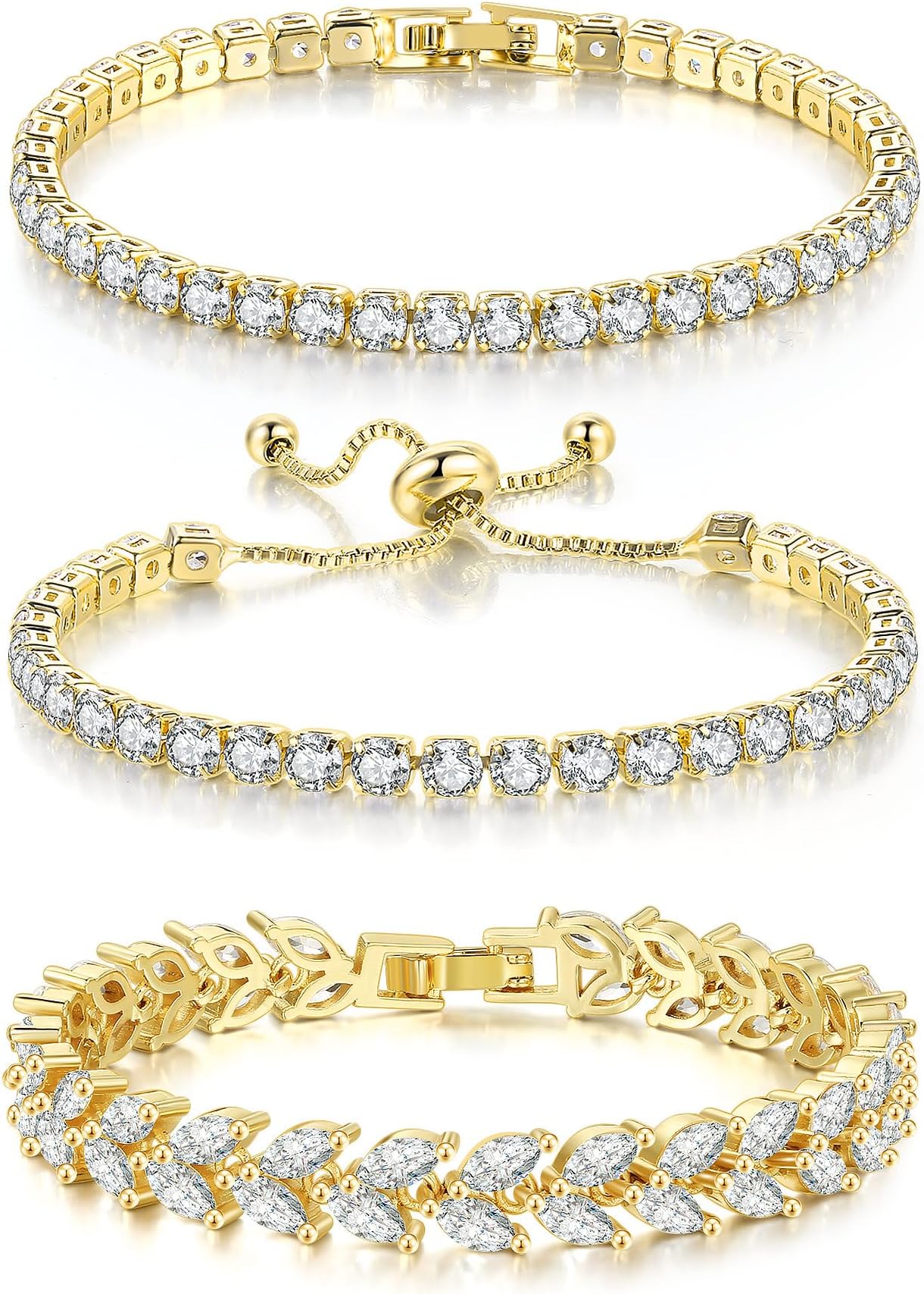 3 Pcs Tennis Bracelet Set 14K Gold Plated Marquise Cubic Zirconia CZ Diamond Dainty Adjustable Silver Bracelets for Women Brides Stackable Fashion Jewelry Wedding Prom Gift