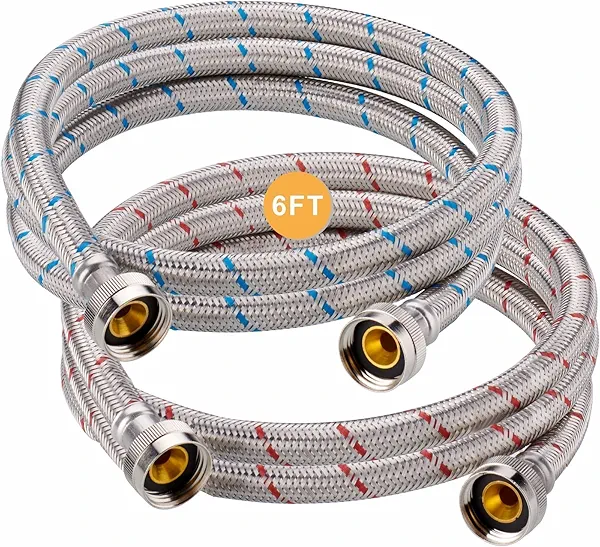 Premium Stainless Steel Washer Hoses, 6 Ft Burst Proof (2 Pack) Red and Blue Striped Water Connection Inlet Supply Lines, Washing Machine Hoses by Wellup