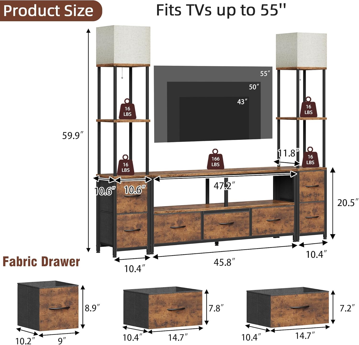 TV Stand with Bookshelves, Entertainment Center with Storage for 55 Inch TV, Large TV Console with 2 Floor Lamps and LED Lights, Industrial Rustic Media Cabinet with 7 Fabric Drawers, Rustic Brown