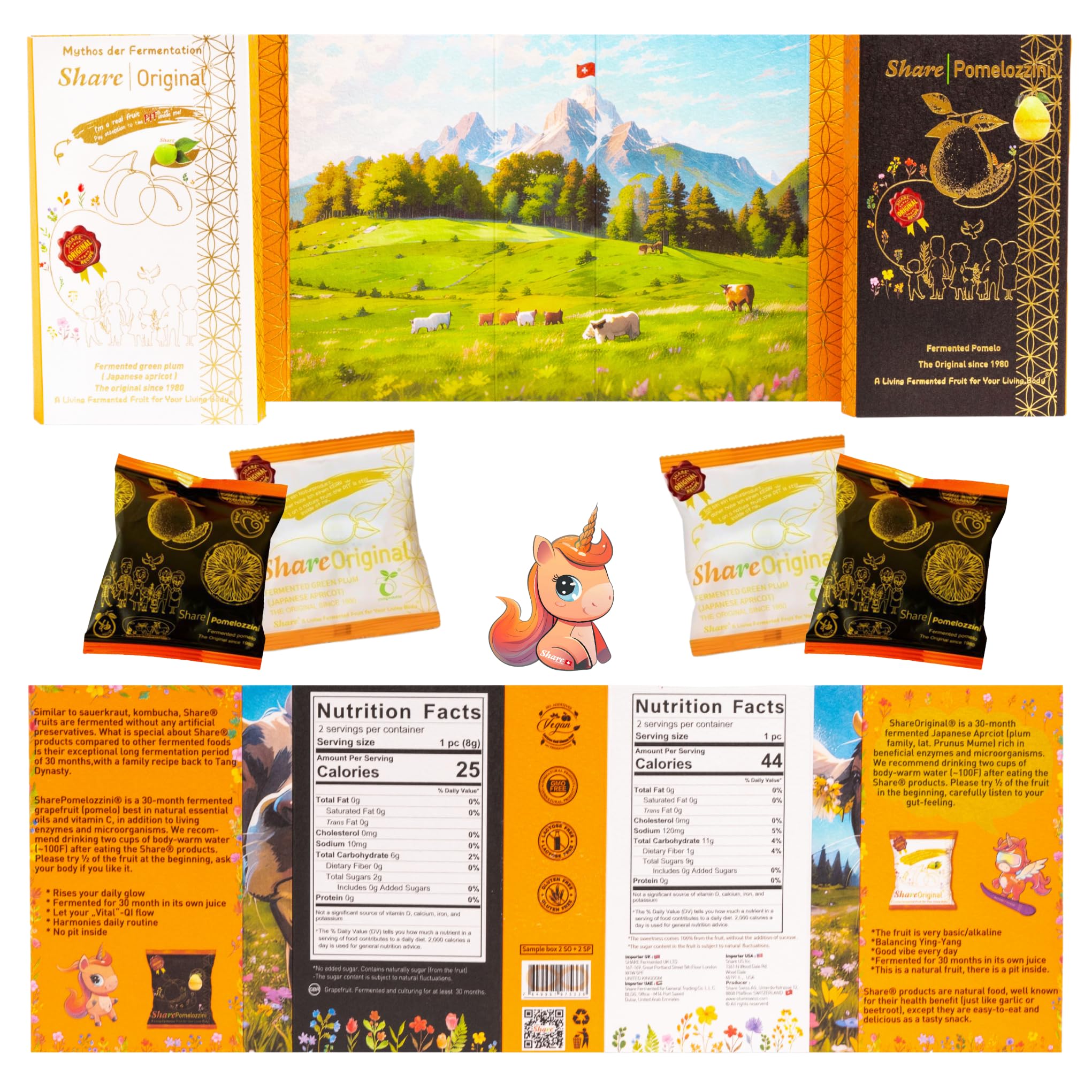 Share Caja de muestra original, 2 ciruelas verdes fermentadas ShareOriginal (albaricoque japonés) y 2 pomelo fermentado SharePomelozzini, naturalmente dulce y ácido, vegano, sin lactosa | ShareSwiss