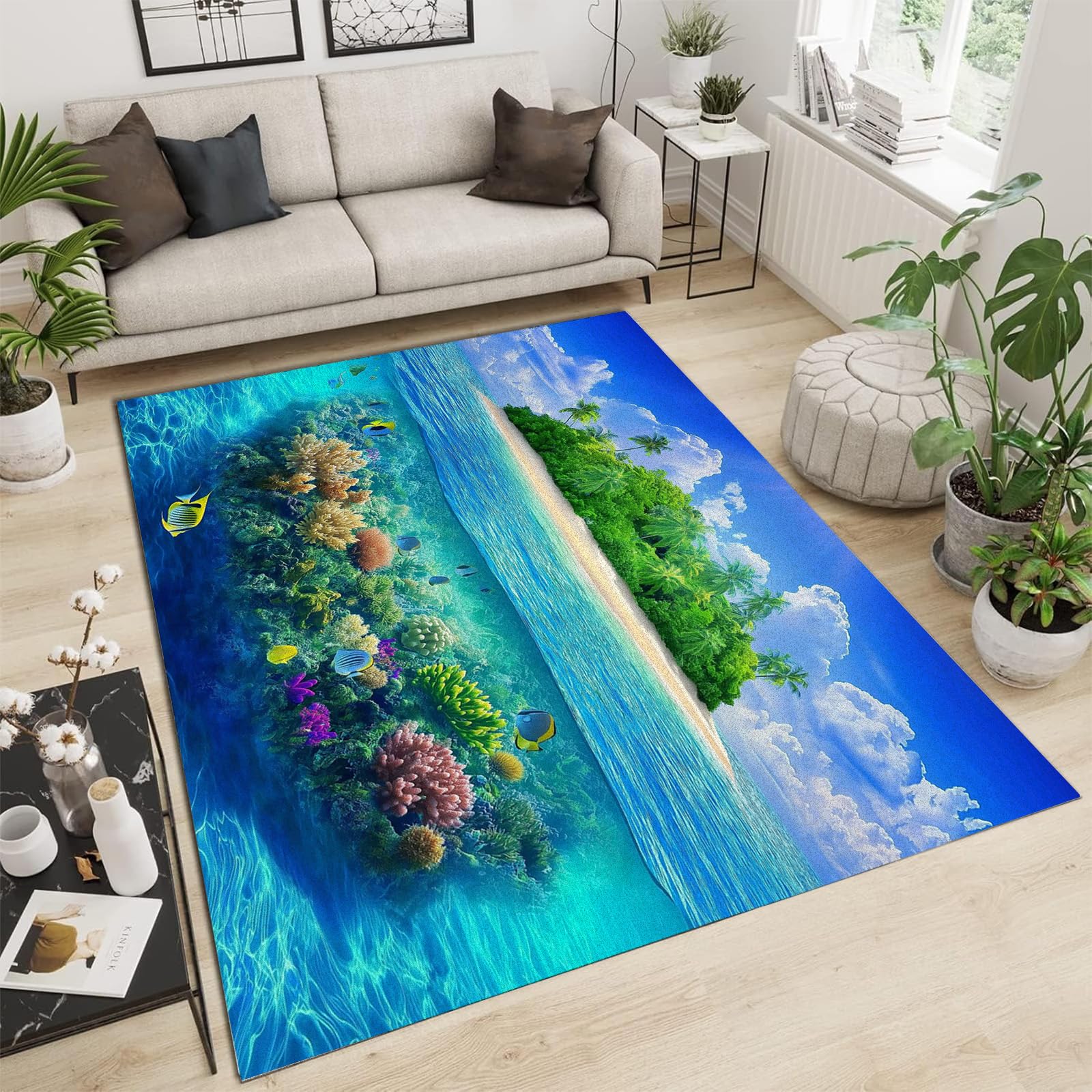 Tapis poils ras 90x150cm antidérapant et lavable motif récif de corail moderne pour salon