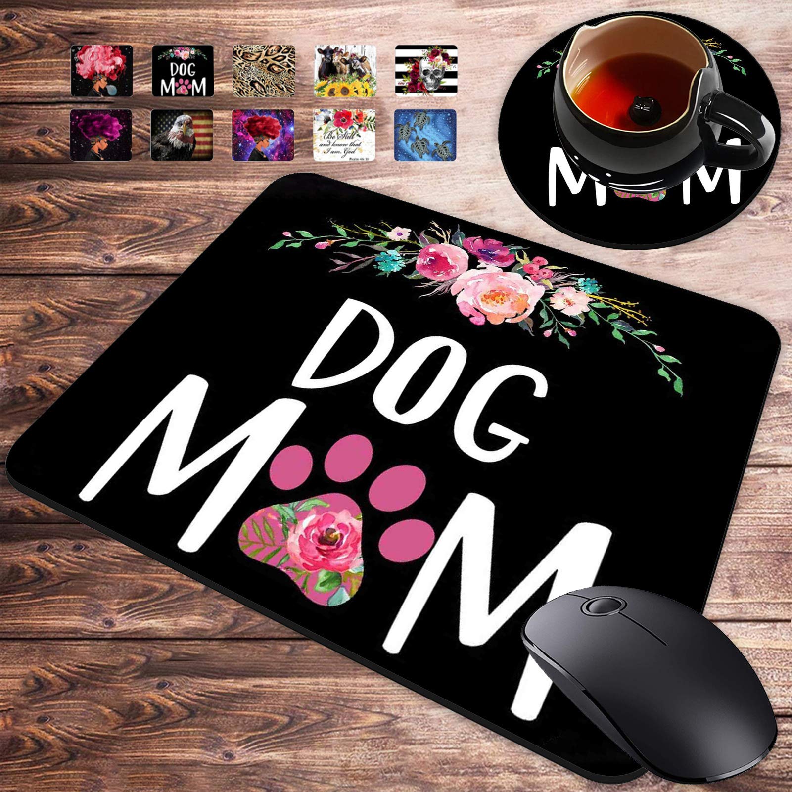 Gaming Mouse Pad and Coasters Set, Dog Mom Floral Design Mousepad, Non-Slip Rubber Rectangle Mouse Pad, Customized Mouse Mat for Working and Gaming-image-18