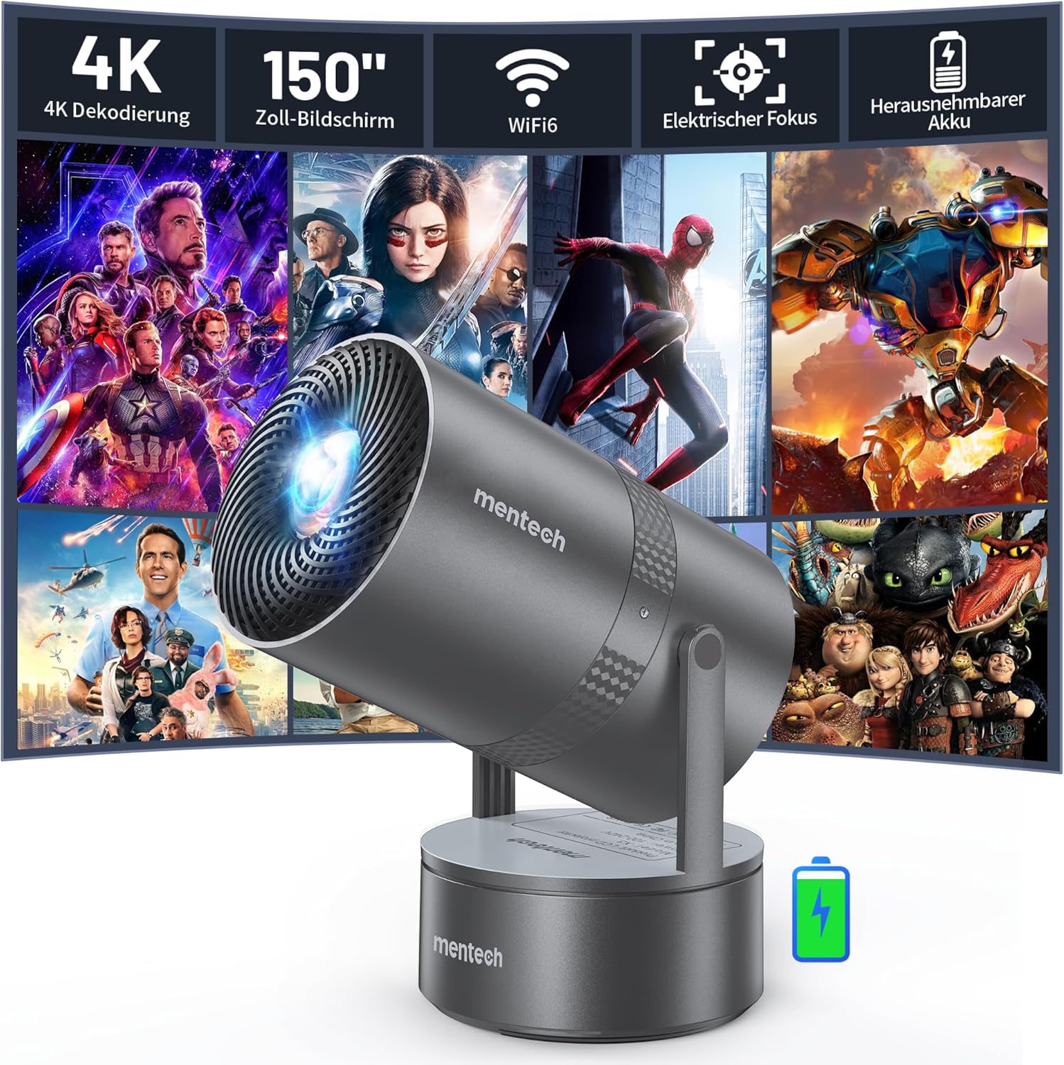 [Eingebauter Akku] Mentech X3 Mini Beamer 4K Heimkino, Mini Projektor, Beamer WiFi6 und BT5.2 mit An…