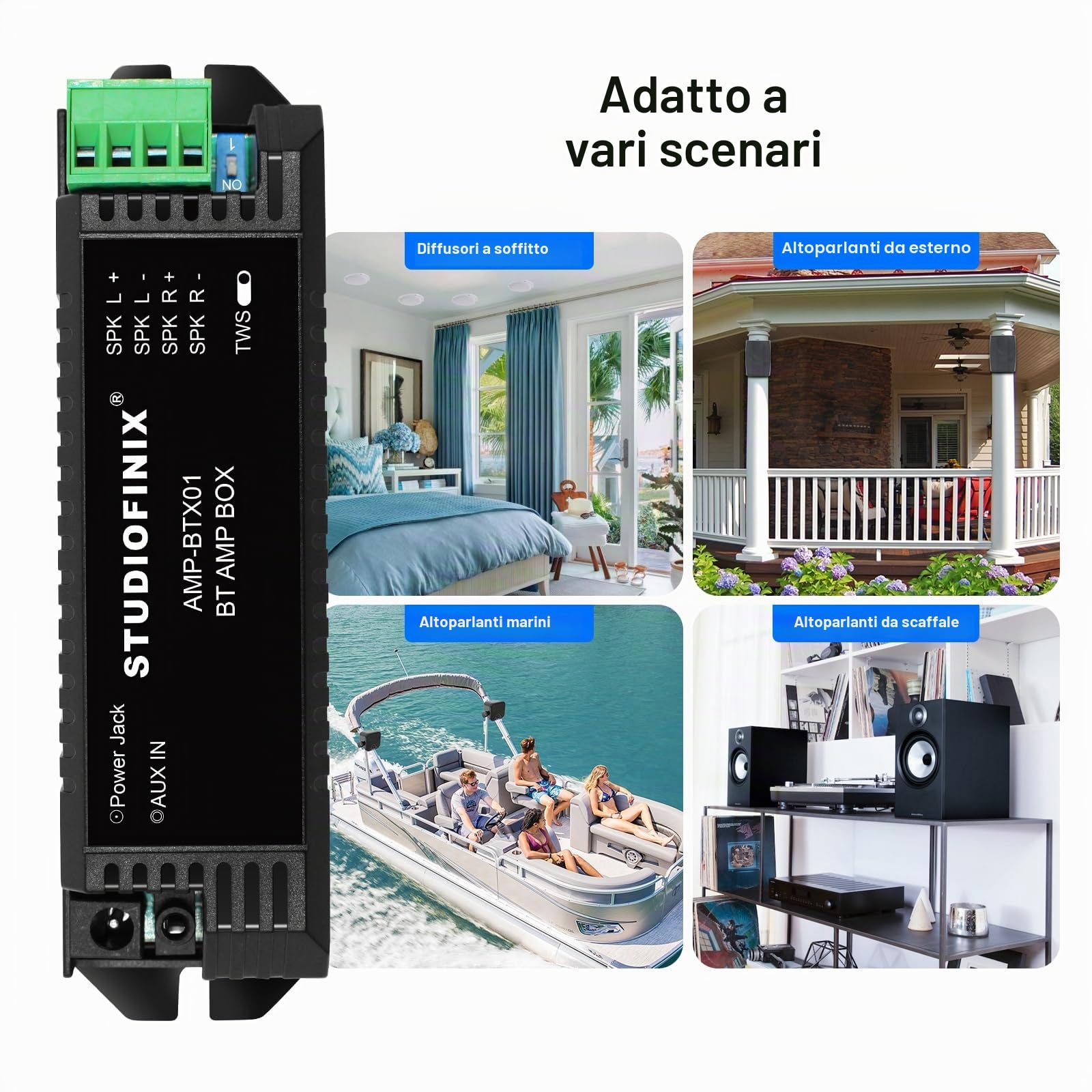 STUODIOFINIX 2 canali Mini Amplificatore 5.1 Bluetooth per altoparlanti passivi con TWS, AUX, parte di ricambio, adatto per altoparlanti a parete/soffitto/marino/libreria