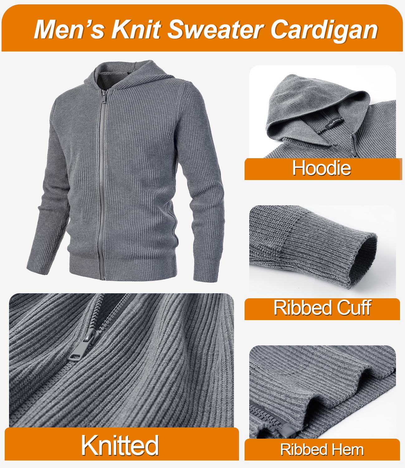 Cárdigan con Capucha para Hombre Chaqueta Cálido de Punto Grueso Cremallera