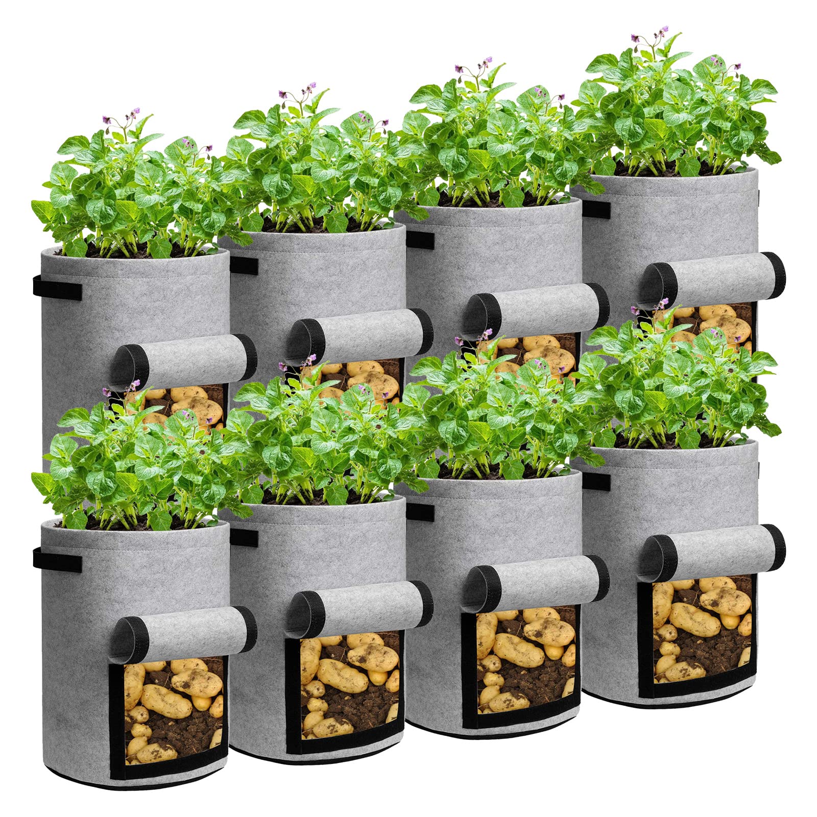 LITLANDSTAR 8 Stück 10 Gallonen Kartoffel Pflanzsack, 37L Kartoffel Pflanzen Tasche aus Vliesstoff mit Sichtbarer Klappe und Griffen für Pflanze Tomaten, Kartoffeln, Gemüse und Blumen (Grau)