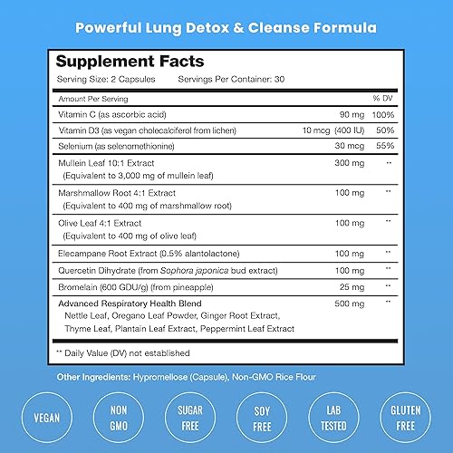 Miniatura 7 de Desintoxicación y limpieza pulmonar  Cápsulas de hoja de gordolobo  Fórmula de salud pulmonar 15 en 1 para apoyo respiratorio, inmunológico y moco