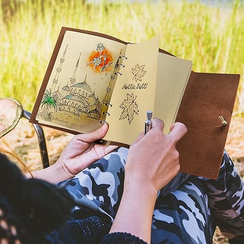 Miniatura 6 de MALEDEN Cuaderno de cuero, cuaderno vintage recargable en blanco para mujeres y hombres, lindo cuaderno de bocetos con papel sin forro para bocetos,