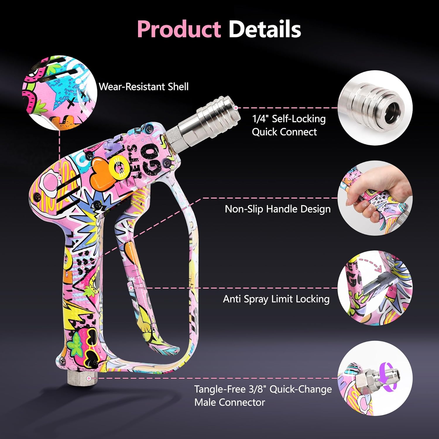 Pressure Washer Gun with Self-Locking Quick Connect, 3/8" Swivel Plug, M22-14mm M22-15mm Adapters, 4000 PSI High Pressure Short Trigger Gun for Car Wash and Cleaning