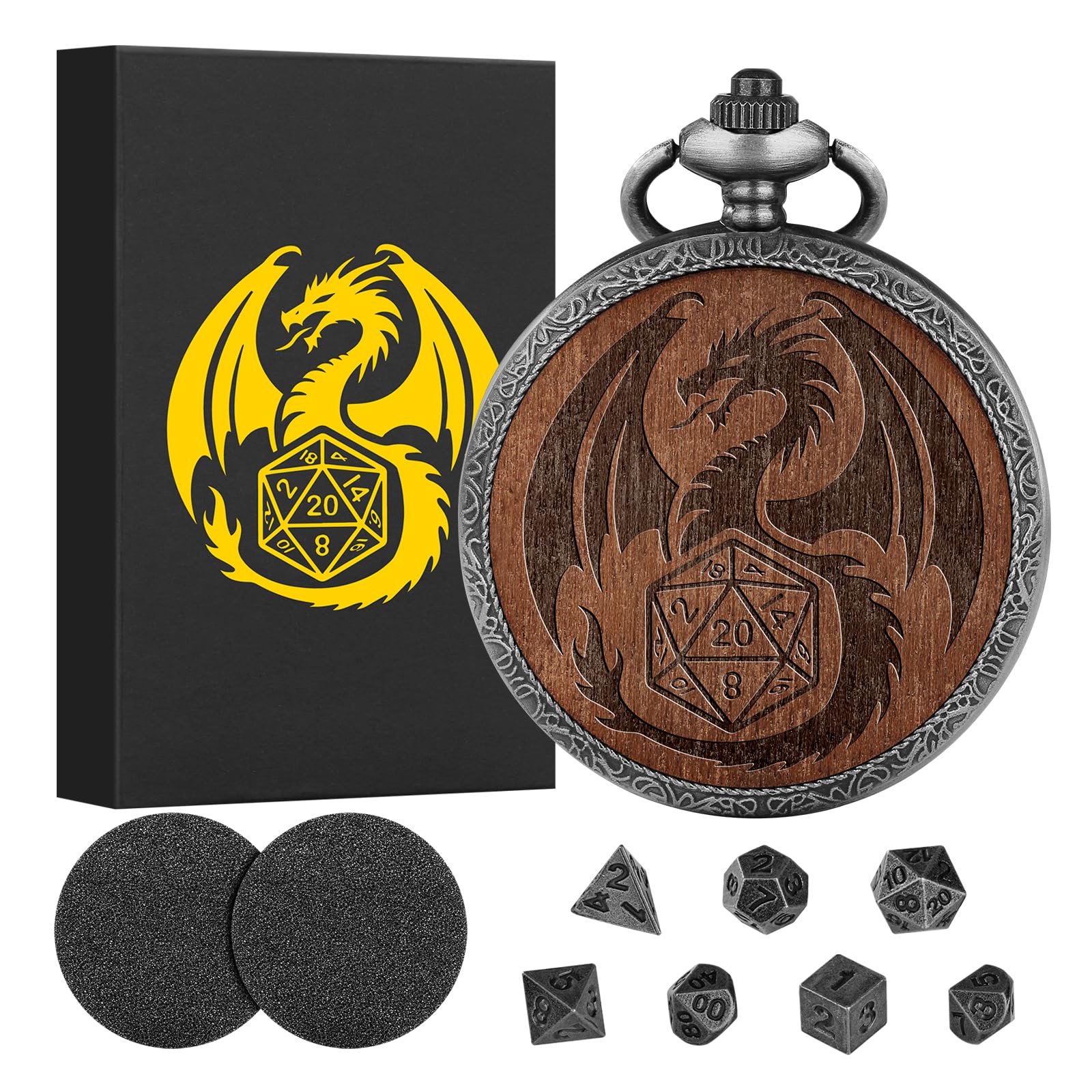 Set di Dadi Mini DND con Custodia per Orologio da Tasca Inciso, 7 pezzi di Dadi Poliedrici D&D in Metallo, Regalo di DND con Scatola Regalo, Accessori per Giochi da Tavolo di Ruolo, Argento Scuro