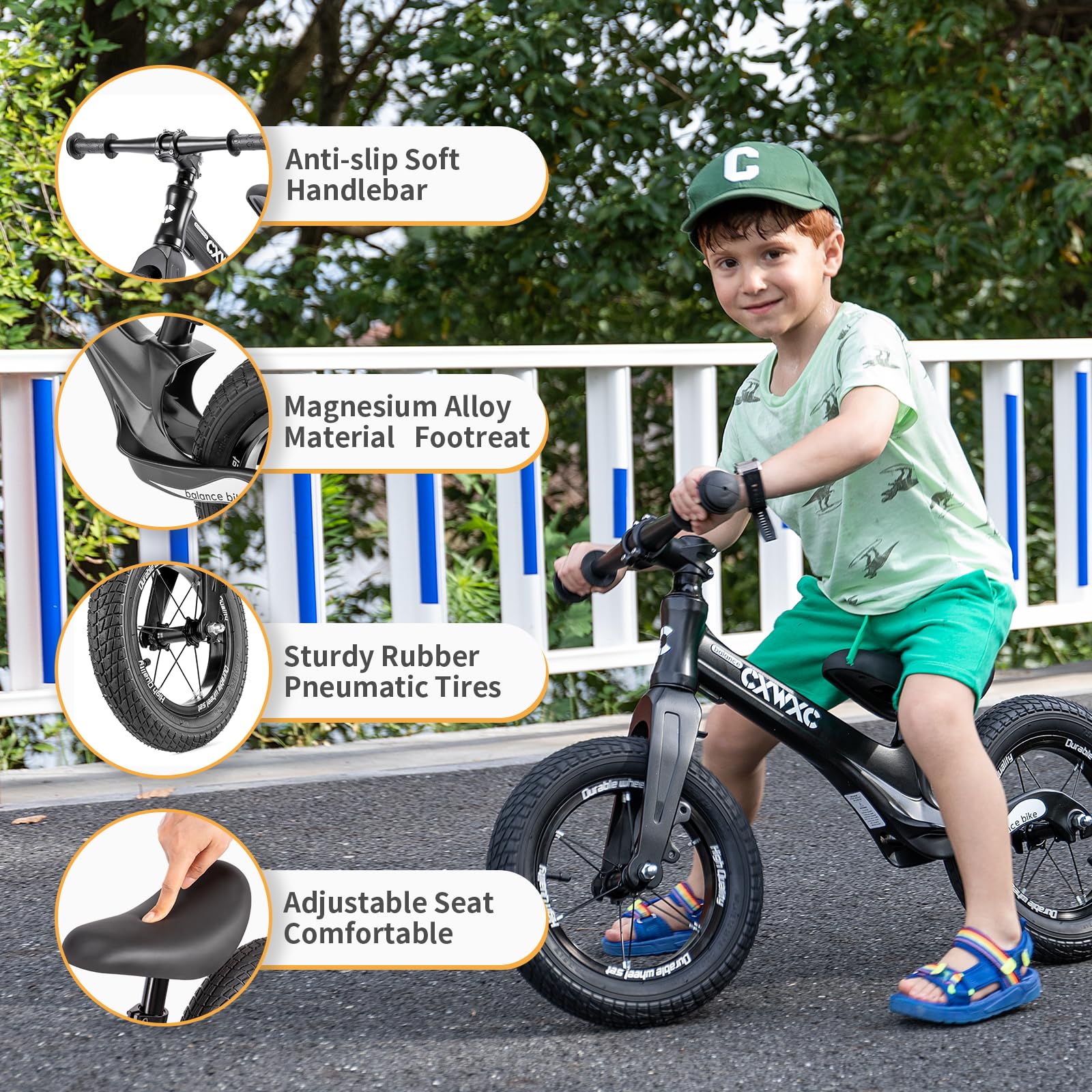 CXWXC Draisienne à partir de 2 ans jusqu'à 30 kg, cadre en magnésium, selle d'équilibre réglable en hauteur, roues de 12 pouces, vélo pour enfants de 24 à 60 mois (Noir