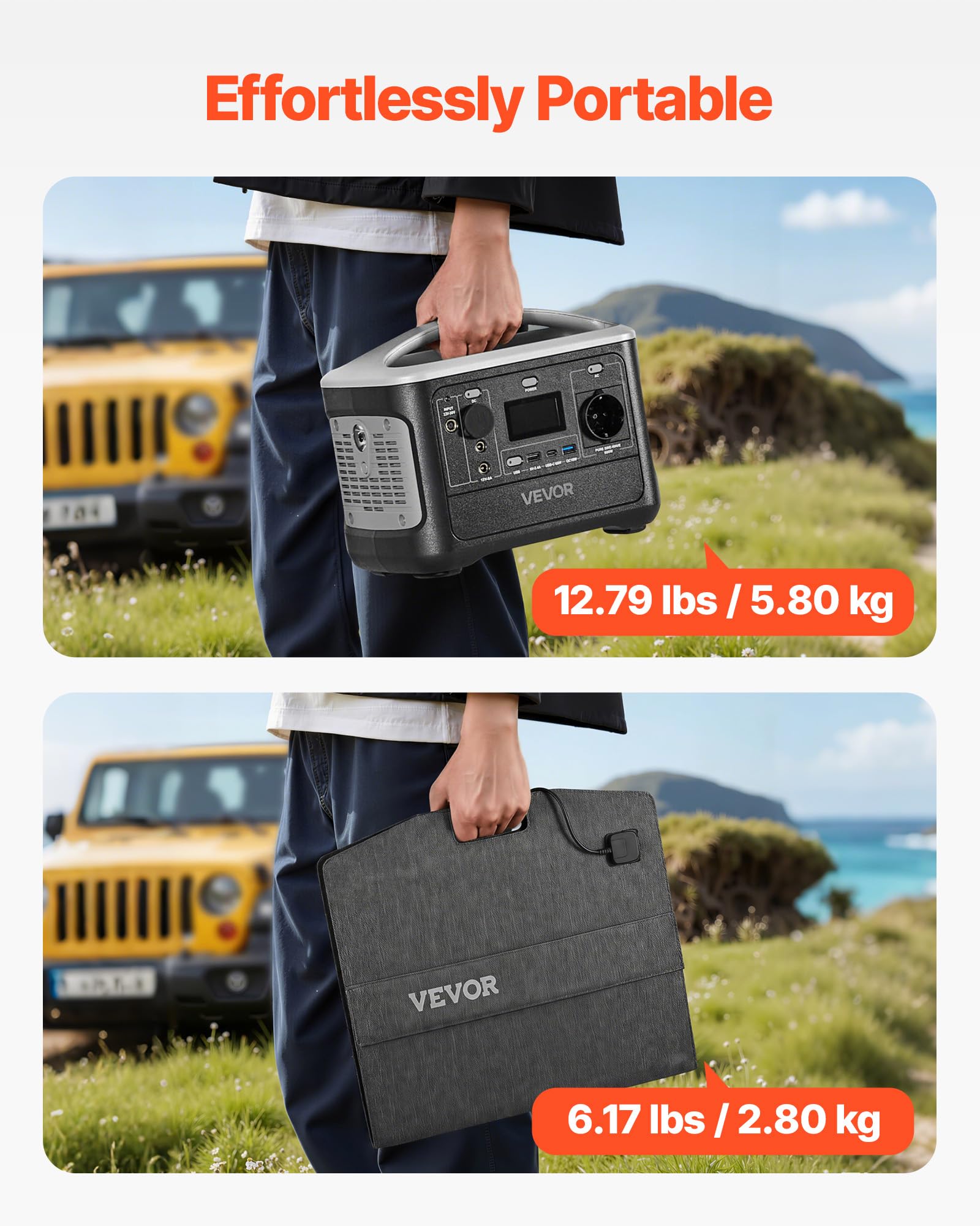 VEVOR Station Électrique Portable 600 W Générateur Solaire Portable Panneau Solaire 100 W Batterie Secours LiFePO4 493 Wh pour Urgence Domestique, Camping, Voyage Camping-car, avec 7 Ports de Sortie