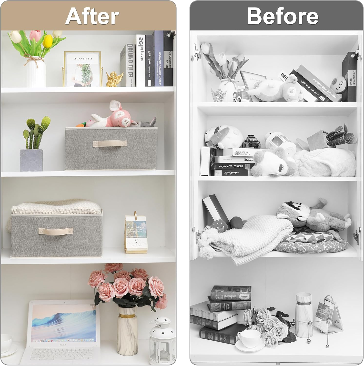 15.7 Inch Storage Baskets, Woven Fabric Bins, Storage Cubes with Reinforced Handles, Organizer Bins for Closet Shelves, Foldable, for Clothes (Beige, 2PCS/15.7*11*7.8inch) image 4