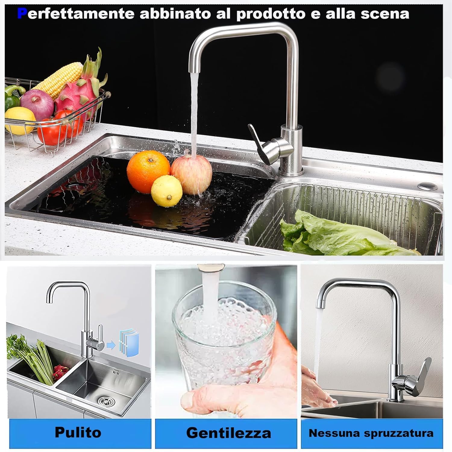 XWIHTR miscelatore rotante a 360° caldo e freddo per cucina in acciaio inox, miscelatore monocomando per lavello doppio, antigoccia con rubinetto silenzioso per lavello per verdure (cromato)