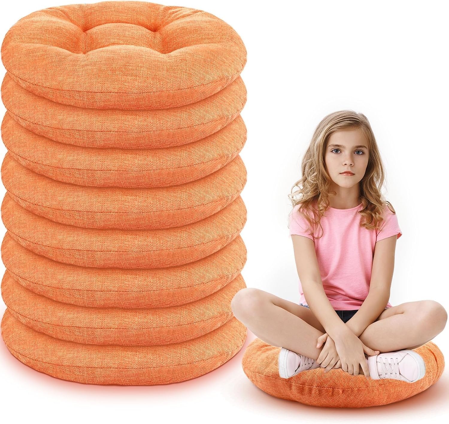 8 Cojines Redondos de 40 cm para niños y bebés; Cojines de Suelo Flexibles para aulas, Ideales para el hogar, guarderías, centros de educación Infantil, Yoga y meditación(Orange)