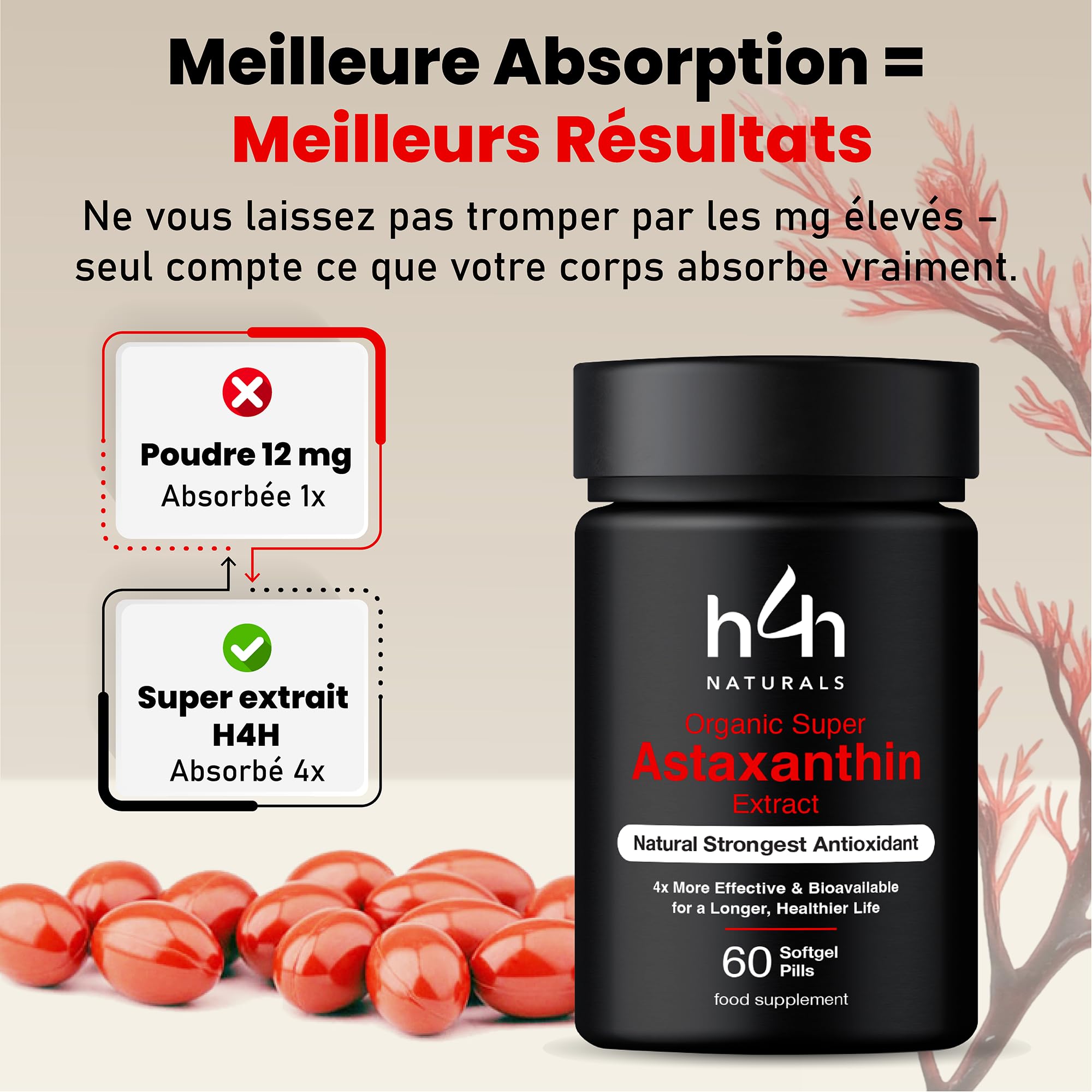 Super astaxanthine biologique – Forte dose et absorption 4 fois supérieure | Certifié biologique à l'huile d'olive grecque | Végan, testé en laboratoire, sans additifs – H4H Naturals