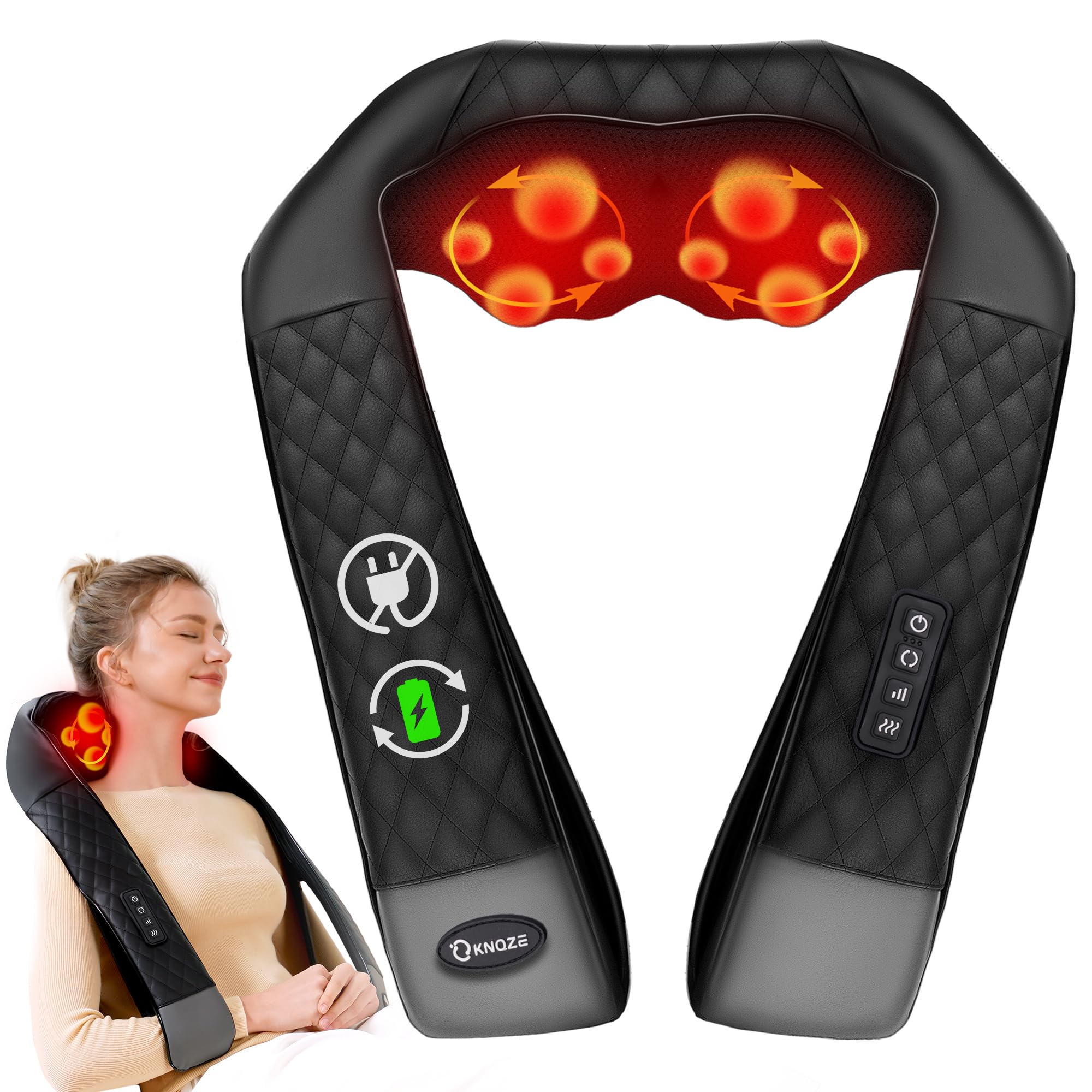 KNQZE® Masajeador de Cuello Inalámbrico, Masajeador Shiatsu 4D para Cervical, Hombros y Espalda, Alivia la Tensión Cervical, Masaje de Tejido Profundo para Cuello,