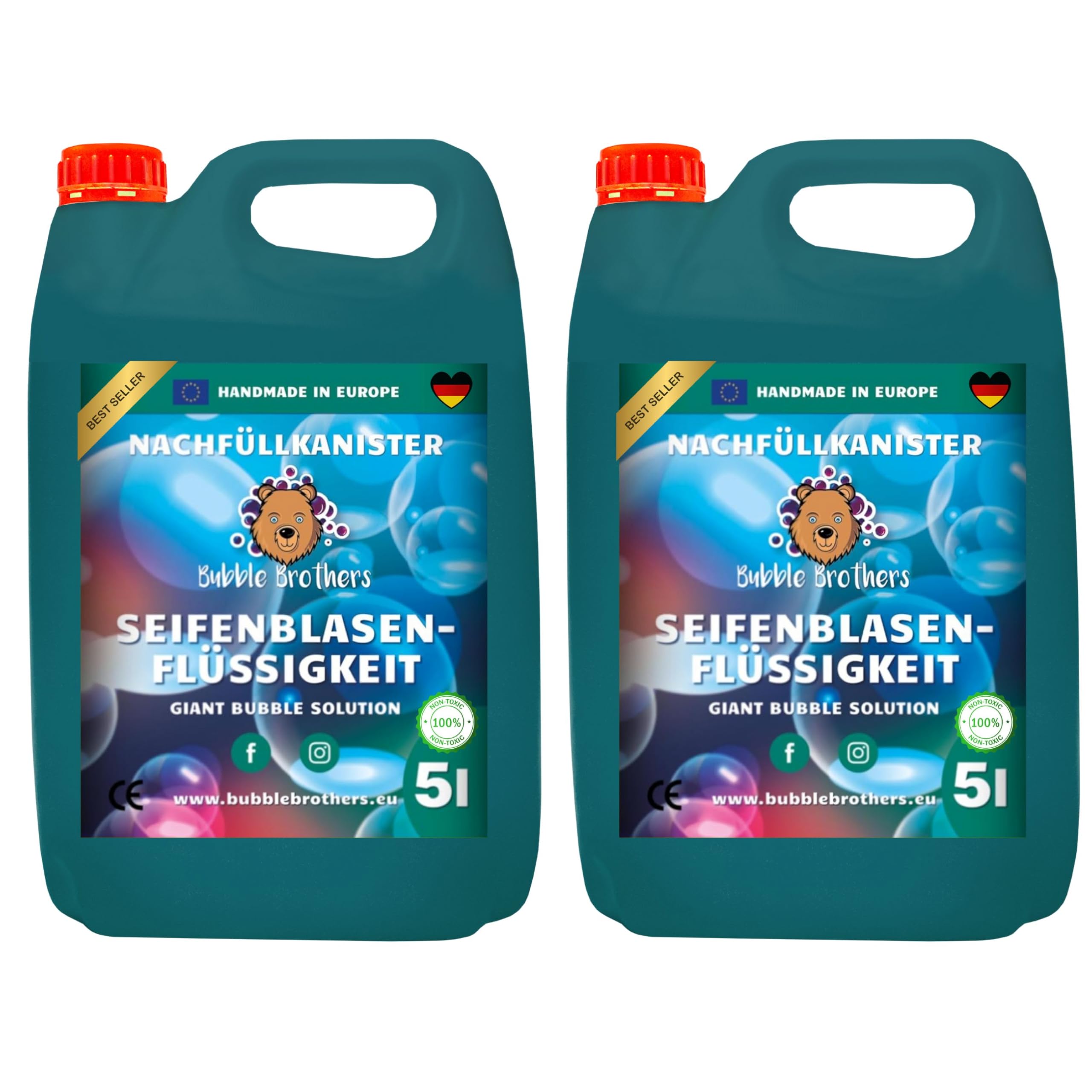 Bubble Brothers 2 x 5L Seifenblasenflüssigkeit für Riesenseifenblasen & Seifenblasen – Premium Nachfüllkanister für Seifenblasen Artist & Outdoor Spaß XXL unplatzbare Seifenblasen 10 Liter