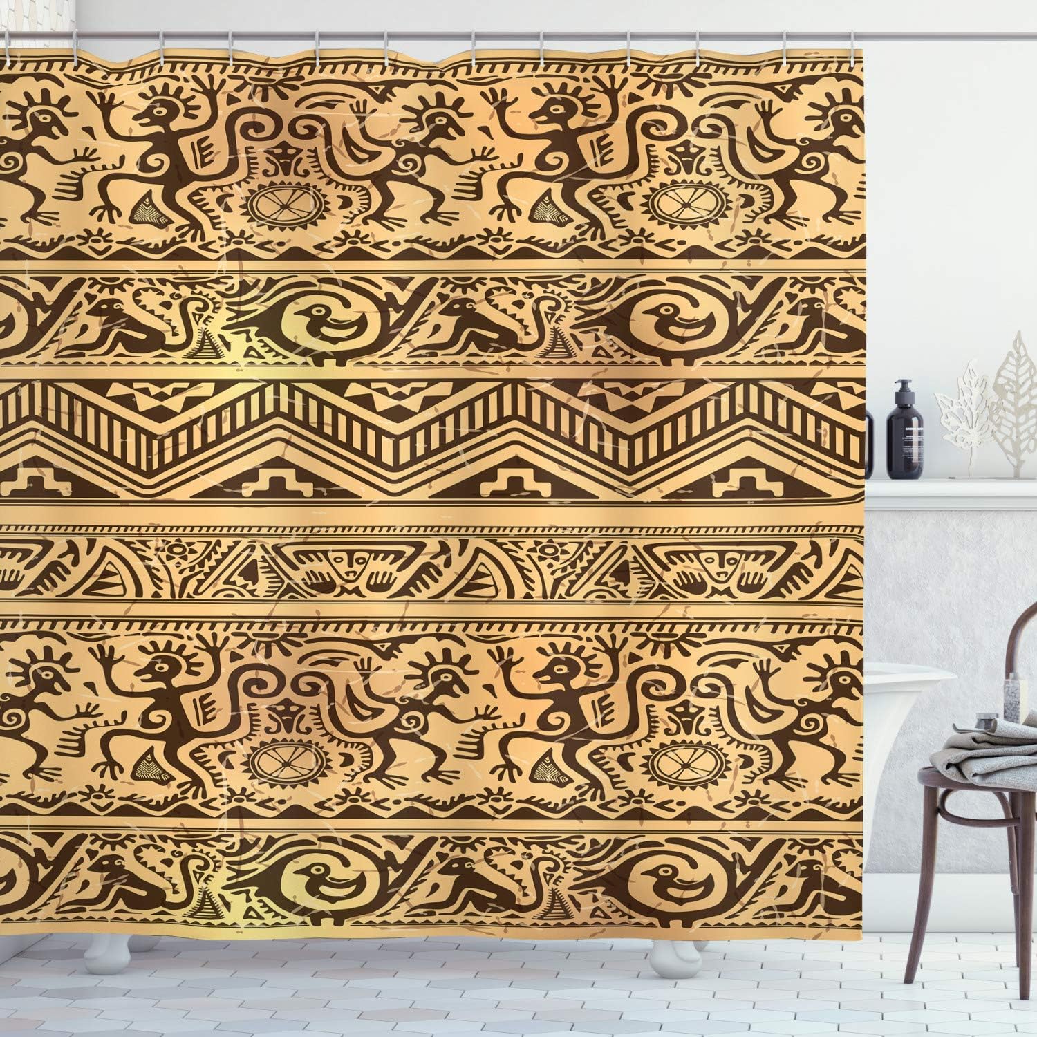 Ambesonne Prehistoric Shower Curtain, Neanderthal Uncivilized Human with Mammals Print Stones Boho Illustration, Cloth Fabric Bathroom Decor Set with Hooks, 69" W x 70" L, Tan Brown