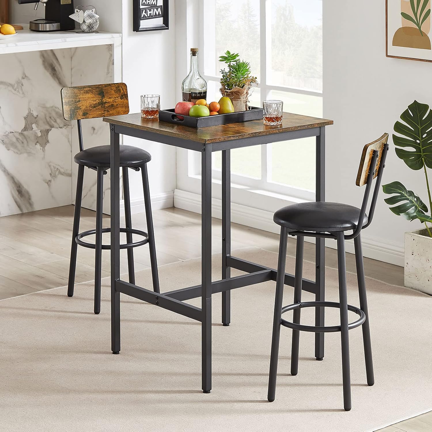 GNIXUU 3-Piece Small Bar Table and Chairs Set, Bar Set with Square Table and PU Stools, Breakfast Coffee Table for 2 with Footrest and for Home & Kitchen Dining Room(Brown)
