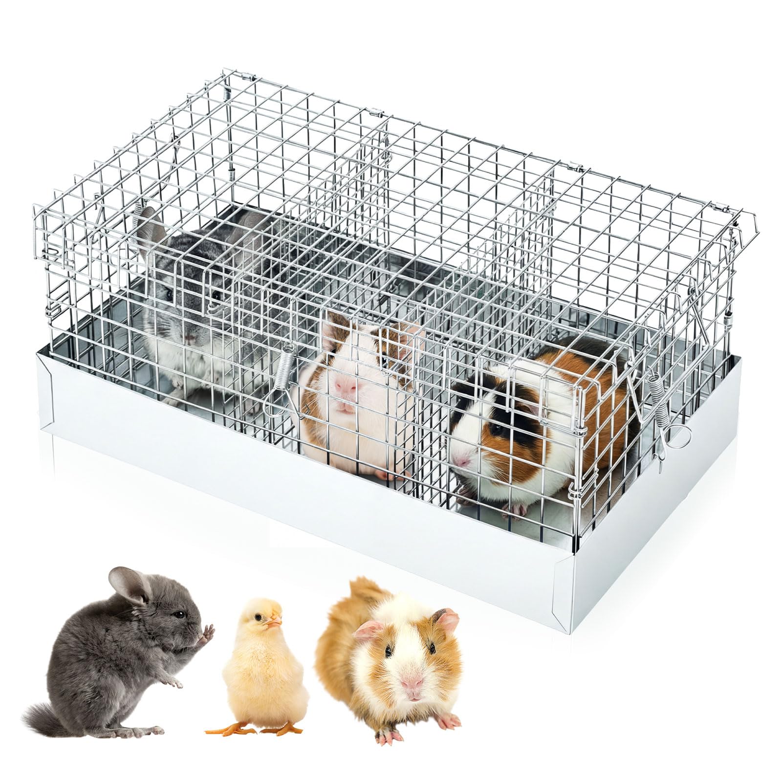 DoubleFill 18 x 10 x 8 in 3 Hole Folding Guinea Pig Chinchilla Transport Cage, Portable Cavy Bunny Carrier with Tray &amp; Handles for Travel, Temporary Housing, Small Pet Habitat Animal Enclosure