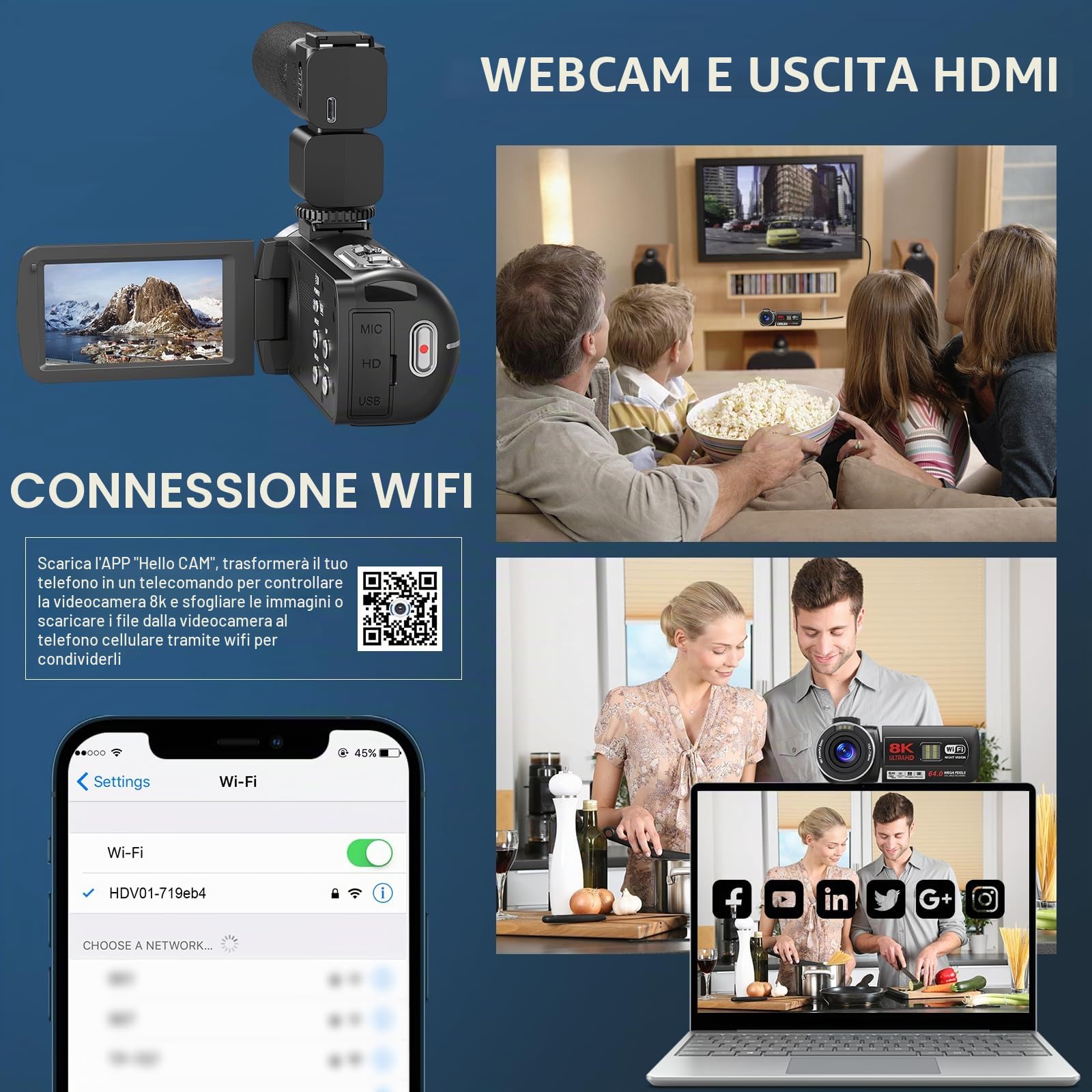 Videocamera, 8 K, 64 MP, 18 X, zoom digitale, infrarossi, visione notturna, 3,0 pollici, UHD touch screen WiFi, per YouTube con scheda SD, telecomando da 2,4 G e 2 batterie
