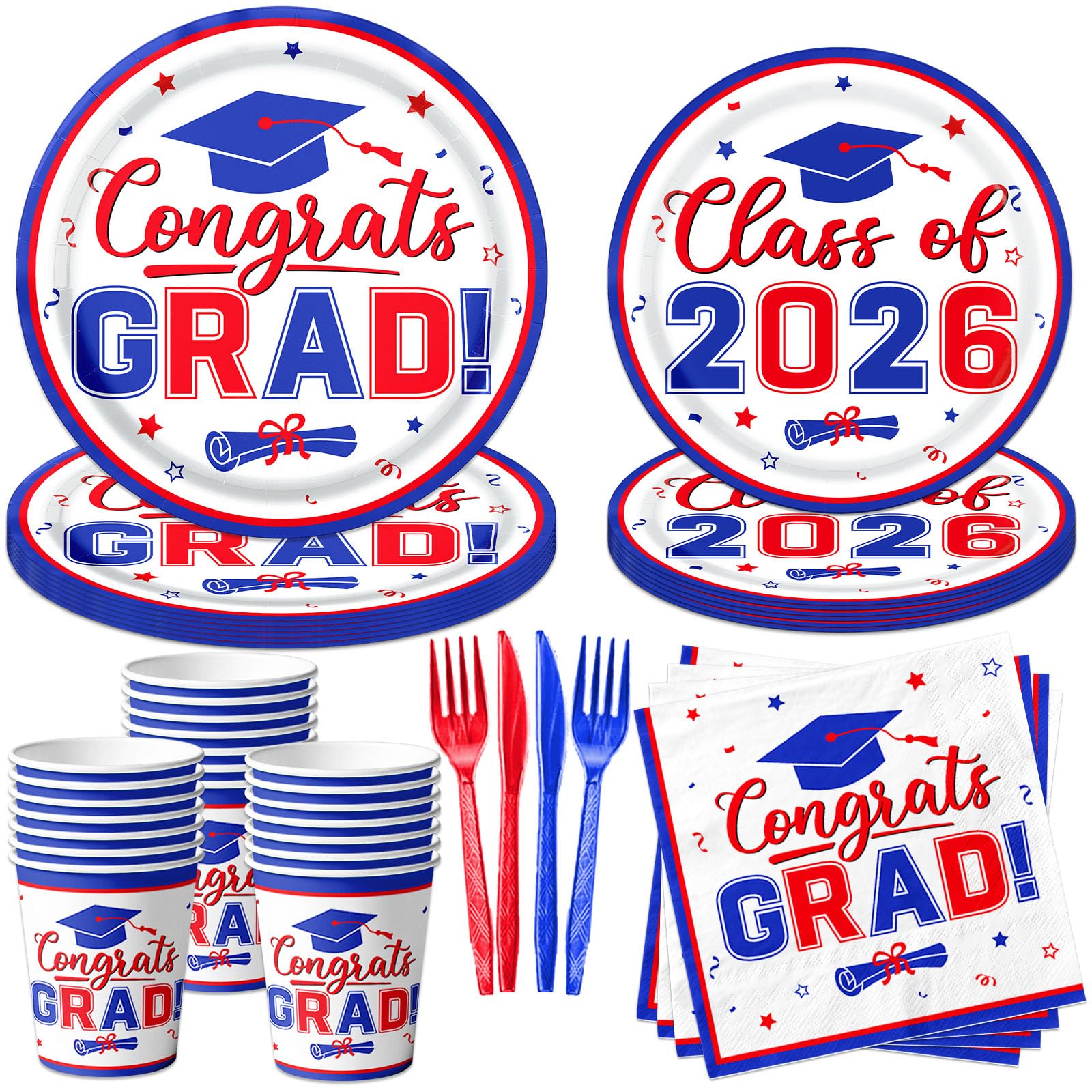 Graduation Decorations Class of 2025 Graduation Plates and Napkins and Cups (Blue&Red)