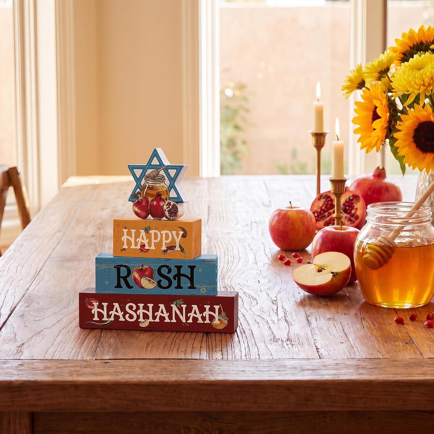Smile Rosh Hashanah Wooden Block Decor Star of David Jewish New Year Home