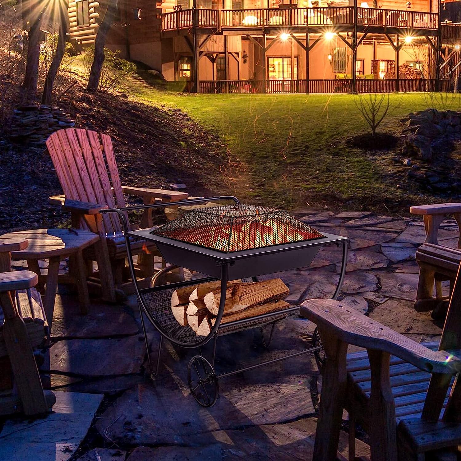 GYMAX Chimenea con Ruedas, Estufa de Leña para Terraza con Estante de Almacenamiento, Bandeja de Fuego, Brasero Exterior Jardin Portátil para Leña para Hogueras, Camping y Picnic, Negro