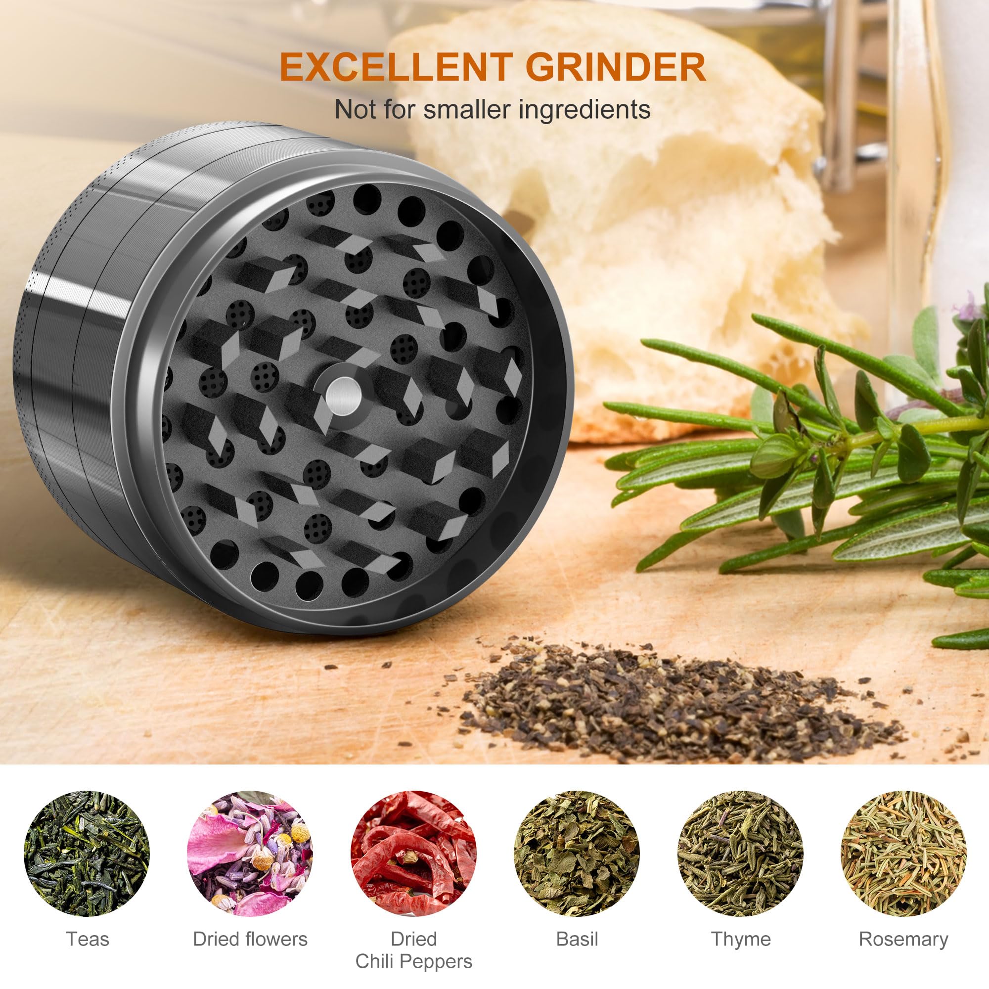 KitchenBoss Młynek metalowy, mały młynek 4-częściowy, kruszarka, 4,9 cm, z narzędziami do czyszczenia przypraw (niklowo-czarny)
