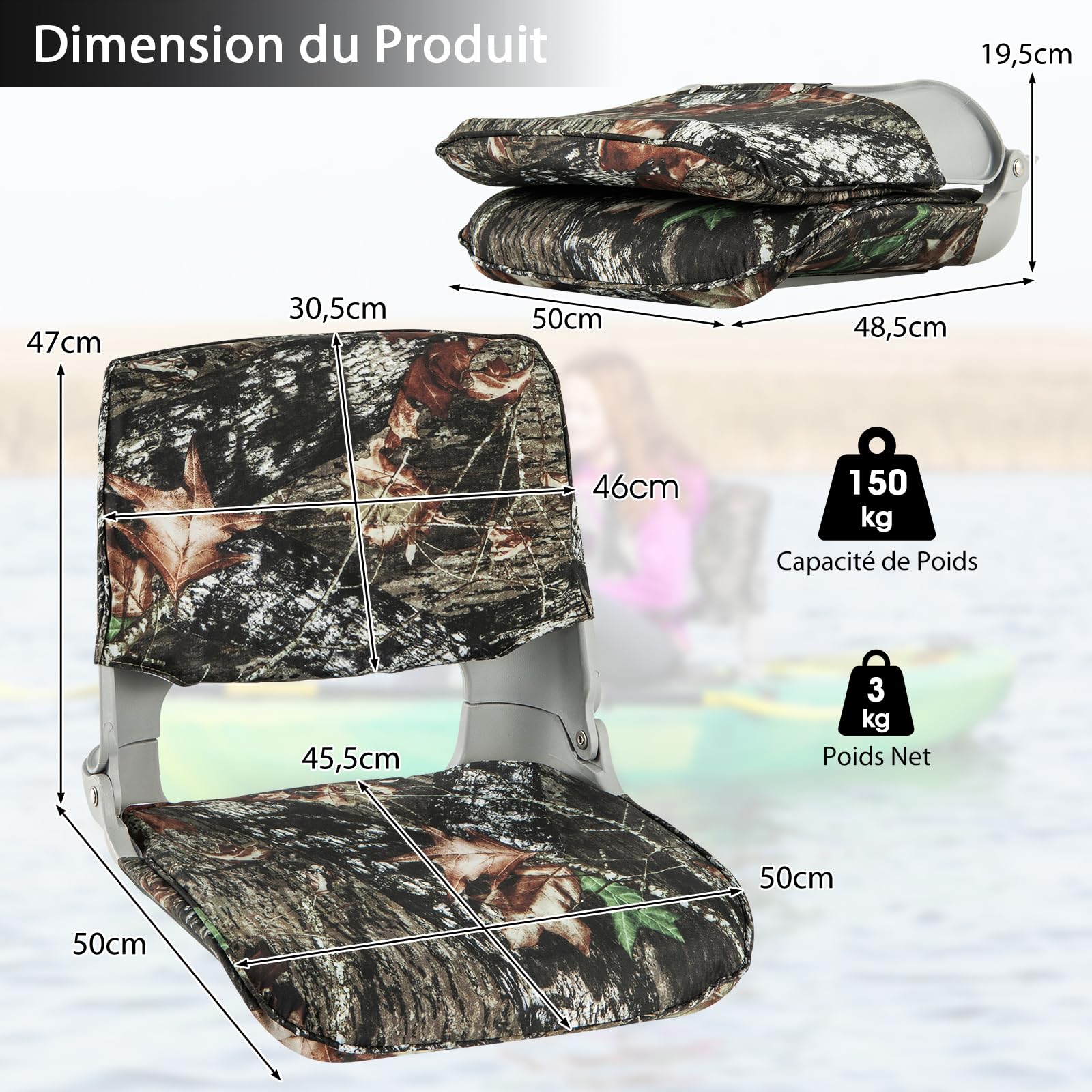 GYMAX Siège de Bateau à Dossier Bas, Siège de Bateau de Pêche Pliable avec Rembourrage en Éponge Doux, Housse en Tissu Oxford, 4 Boulons, Siège de Capitaine Imperméable, Camouflage