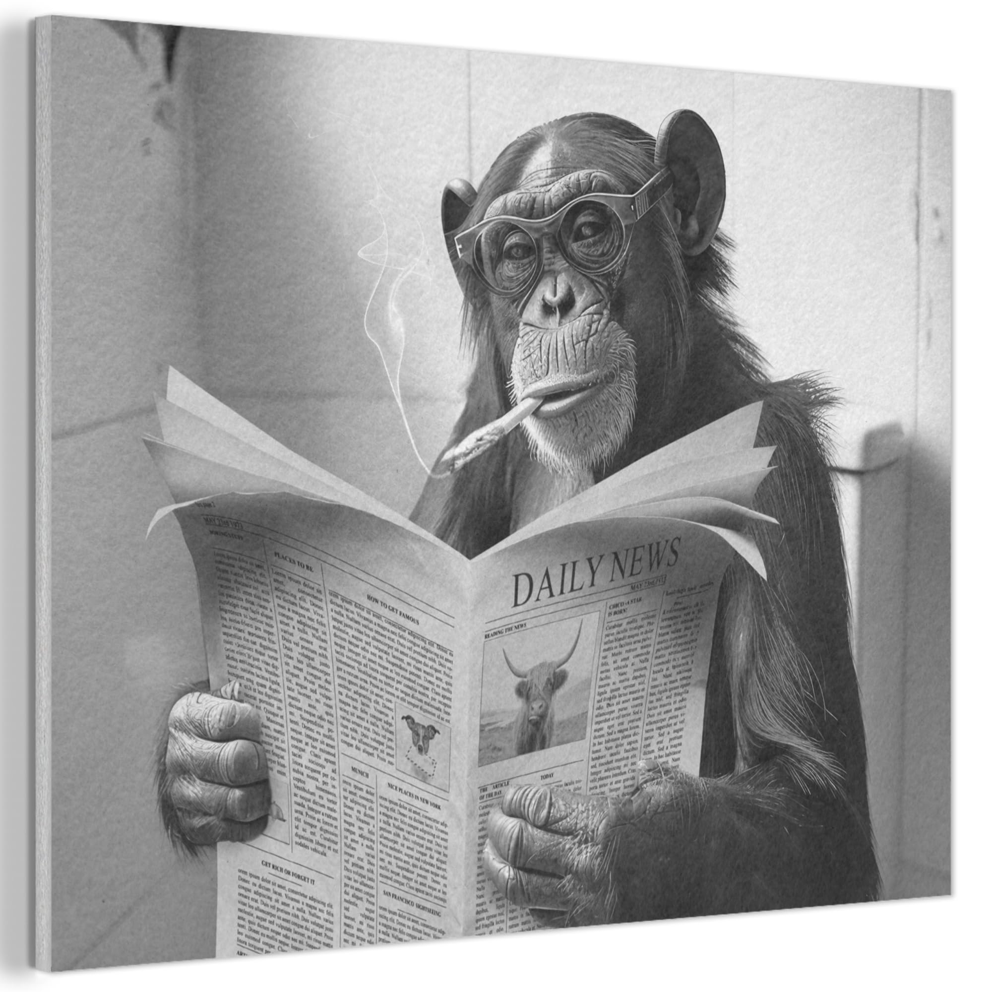 MuchoWow© Wandbilder aus Filz 100x70 cm Wohnzimmer Wanddeko Schlafzimmer Zimmerdeko Wandgemälde Zimmer Deko für die Wand Dekoration Wall Art Affe - WC - Zeitung - Schwarzweiß - Humor
