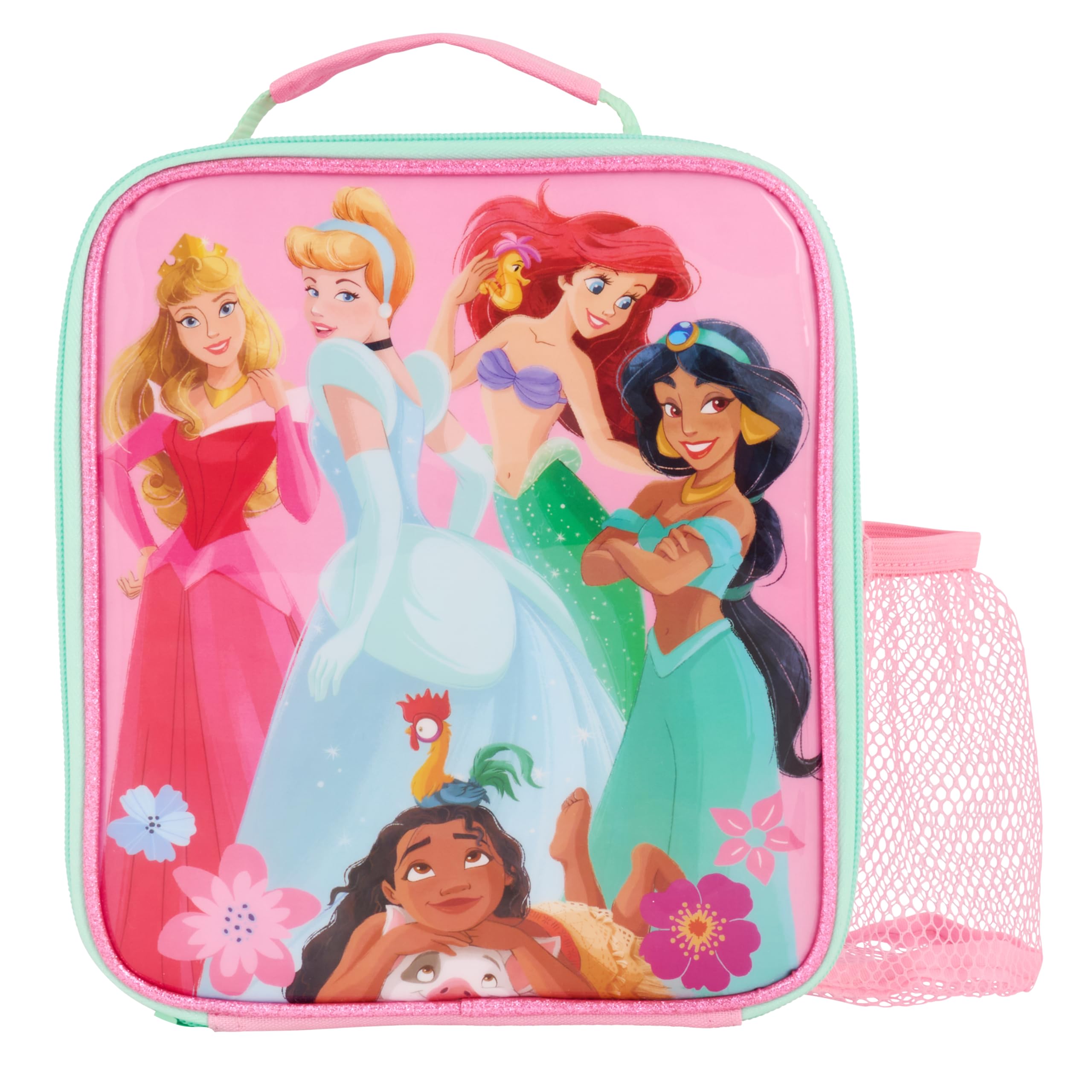 Disney Sac à déjeuner isotherme Princesse avec Aurore, Cendrillon, Ariel, Jasmin, Moana avec doublure antibactérienne facile à nettoyer et poche en maille pour bouteille, rose, pour l'école et les