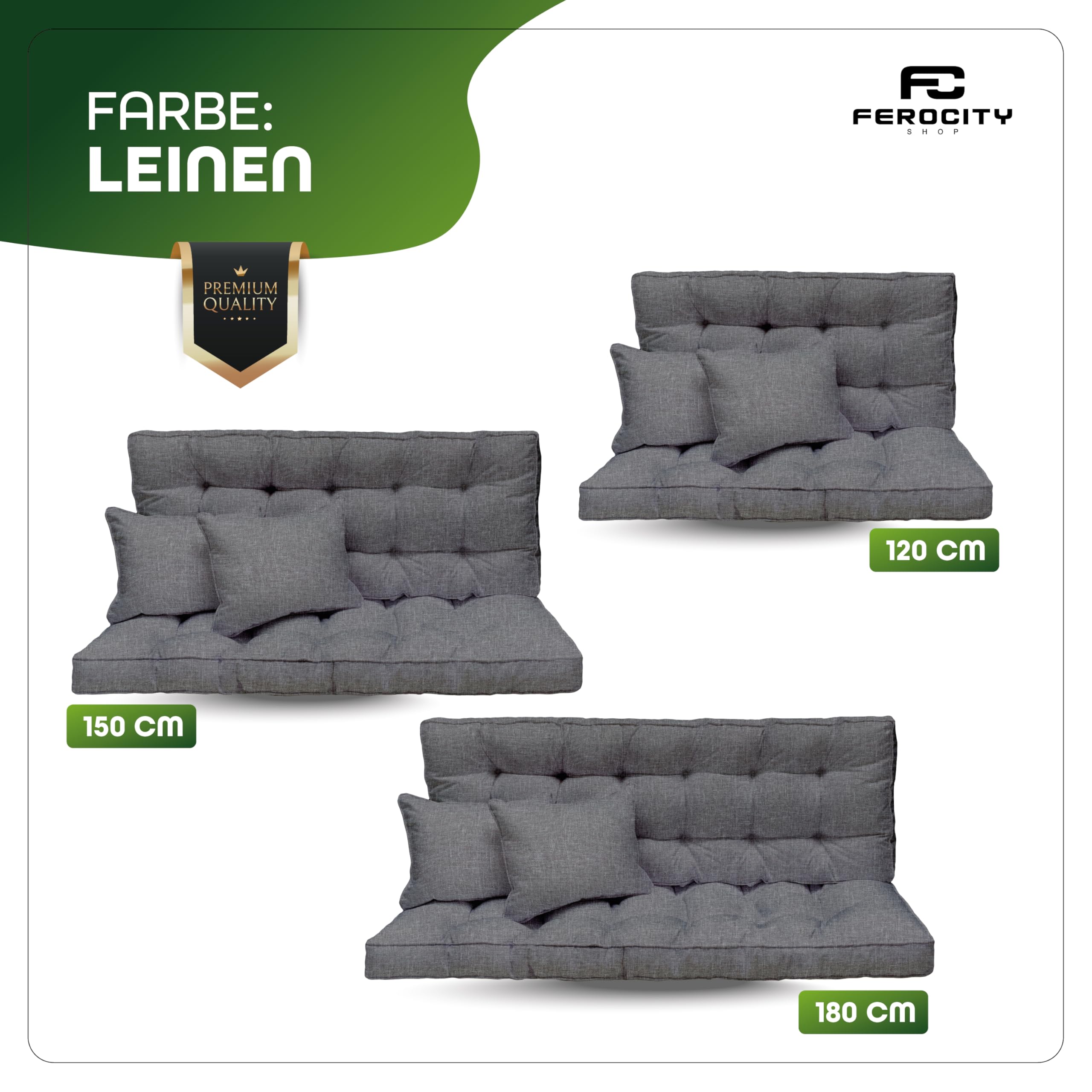 Cojín columpio de jardín 120x50x10 cm - Set de 2 plazas: colchón de asiento y respaldo para columpio con toldo – Outdoor - para sofá y banco de jardín, palé europeo, tumbona – Color: Gris Len [133]