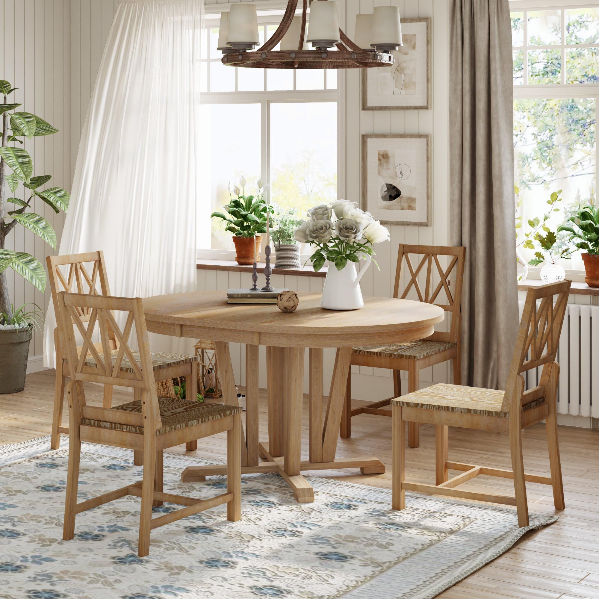 Amazon.com - P PURLOVE 5 Piece Round Dining Table Set, Farmhouse Extendable Trestle Table and 4 ...