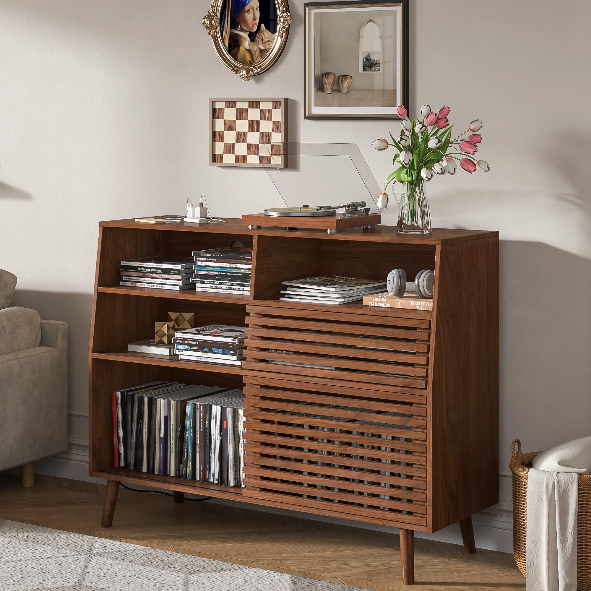 Record Player Stand With Vinyl Storage, Cabinet With Slide Door, Mid Century Modern Turntable Stand, Charging Station Holder for Living Room, Walnut