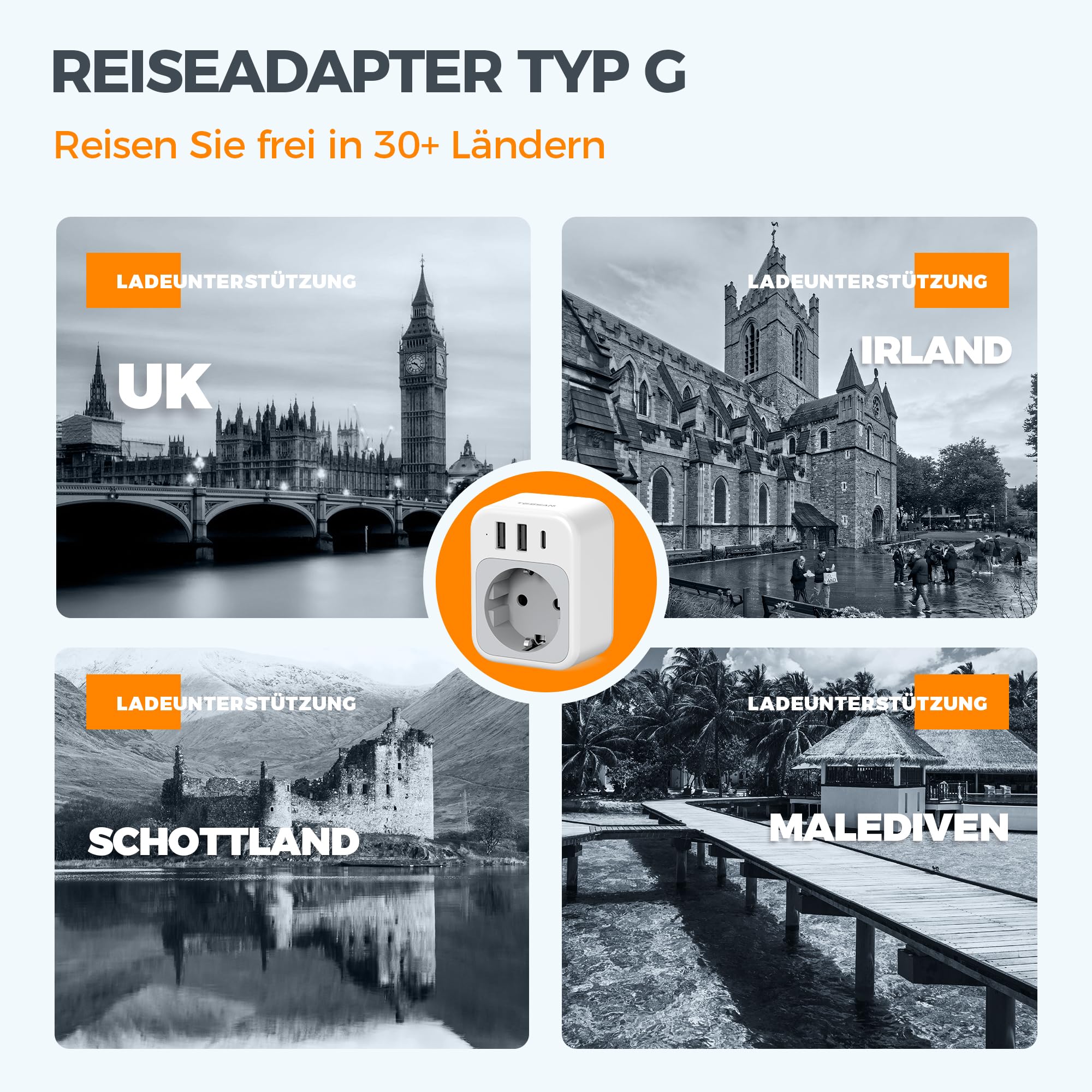 TESSAN Adapter Anglia Niemcy Wtyczka, 4 w 1 Adapter UK z USB C i 2 USB A, Przenośny adapter gniazdowy Anglia, Adapter podróżny UK 3250 W, Adapter podróżny typu G dla Wielkiej Brytanii, Irlandii