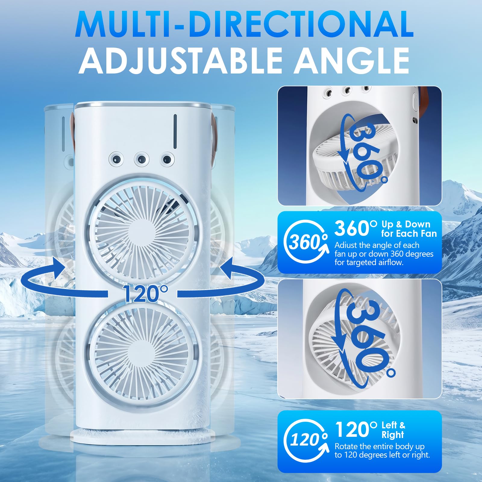 Mobile Klimaanlage 4 in 1, Luftkühler Ventilator USB, Mini Klimagerät mit 280ml Wassetank, Luftbefeuchter, LED -Licht, 3 Geschwindigkeiten, 3 Nebelmodi, Luftreiniger für Hause, Büro, Reisen