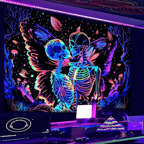 Miniatura 2 de Krelymics Tapiz de calavera y mariposa con luz negra, tapices reactivos a los rayos UV, tapiz de esqueleto, decoración de pared de hojas de árbol,